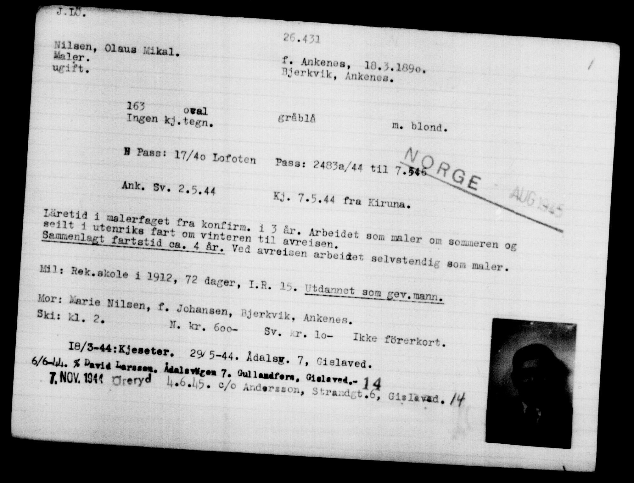 Den Kgl. Norske Legasjons Flyktningskontor, AV/RA-S-6753/V/Va/L0011: Kjesäterkartoteket.  Flyktningenr. 25300-28349, 1940-1945, p. 1191