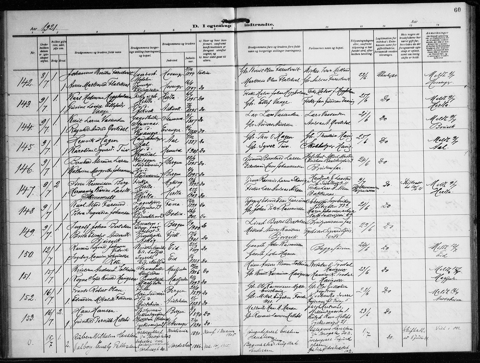 Nykirken Sokneprestembete, AV/SAB-A-77101/H/Haa/L0037: Parish register (official) no. D 7, 1918-1926, p. 60