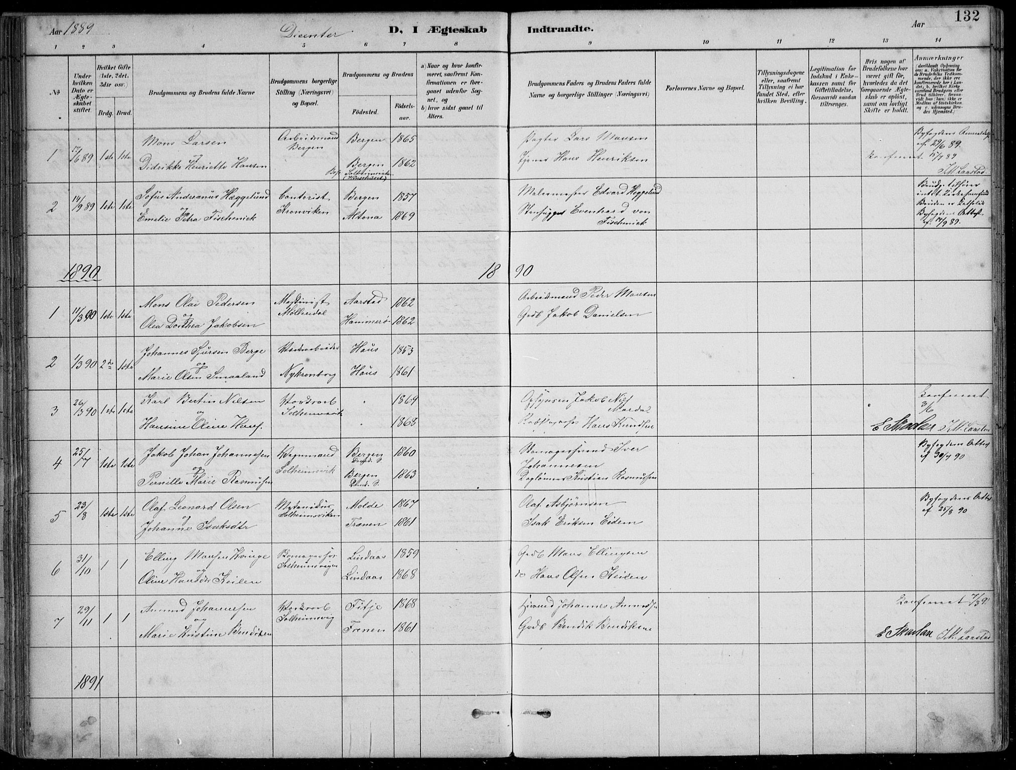 Årstad Sokneprestembete, SAB/A-79301/H/Hab/L0011: Parish register (copy) no. B 1, 1886-1901, p. 132