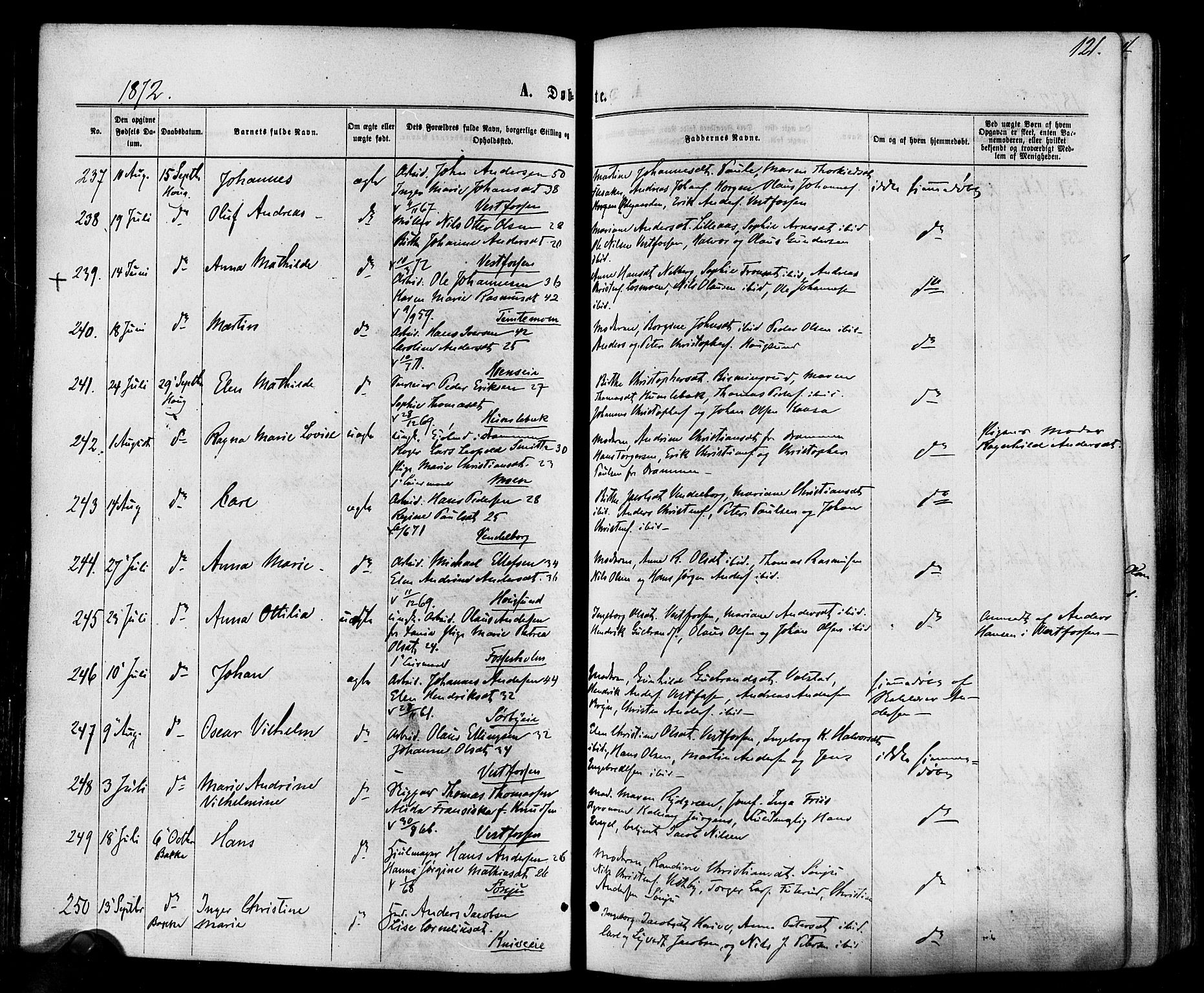 Eiker kirkebøker, AV/SAKO-A-4/F/Fa/L0017: Parish register (official) no. I 17, 1869-1877, p. 121