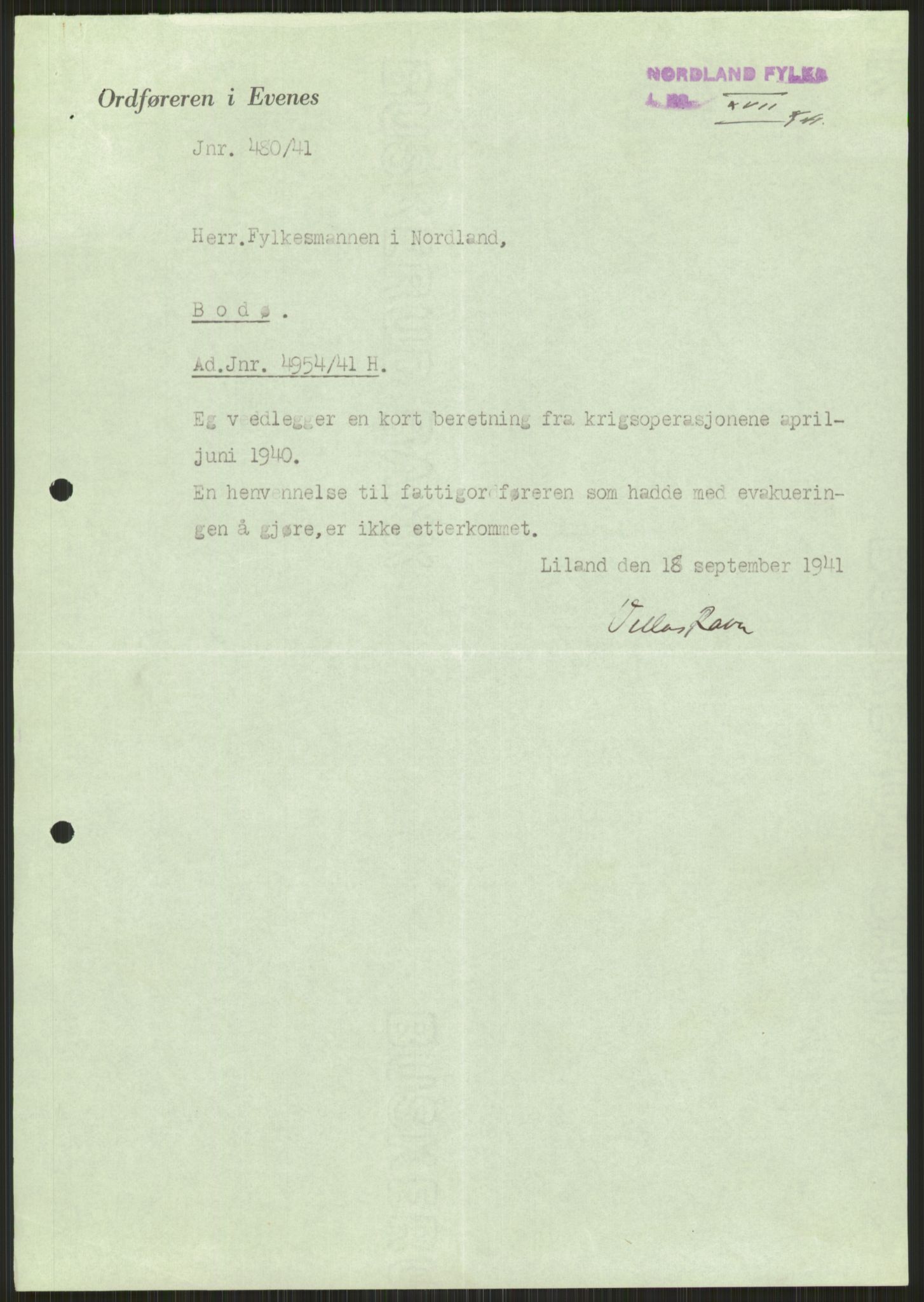 Forsvaret, Forsvarets krigshistoriske avdeling, AV/RA-RAFA-2017/Y/Ya/L0017: II-C-11-31 - Fylkesmenn.  Rapporter om krigsbegivenhetene 1940., 1940, p. 135