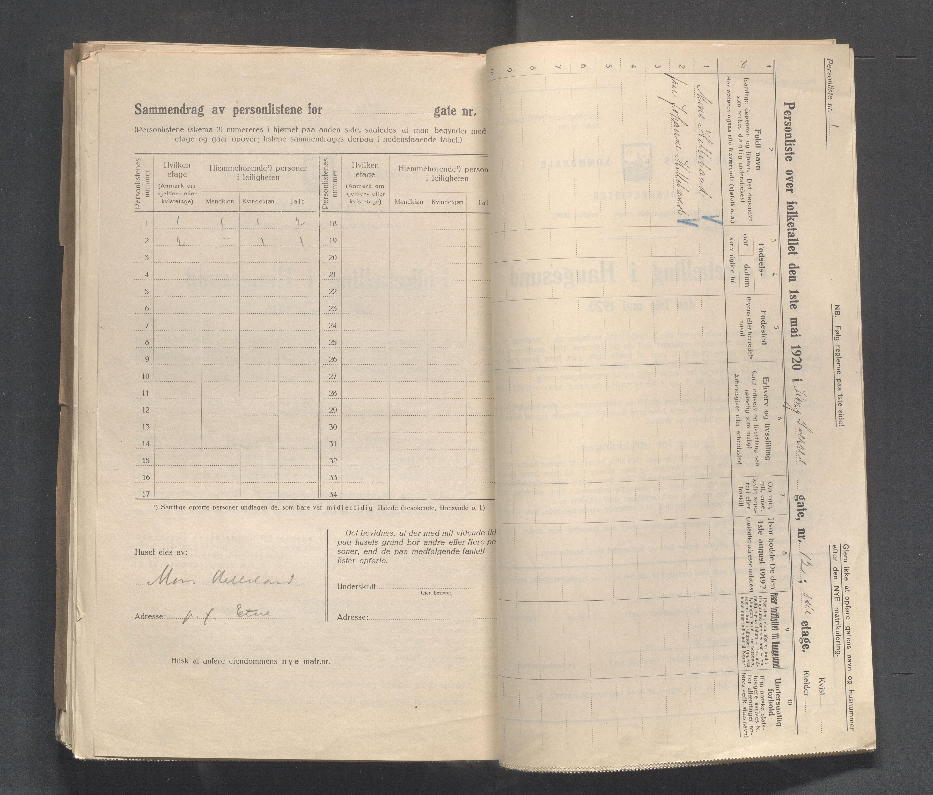 IKAR, Local census 1.5.1920 for Haugesund, 1920, p. 2836