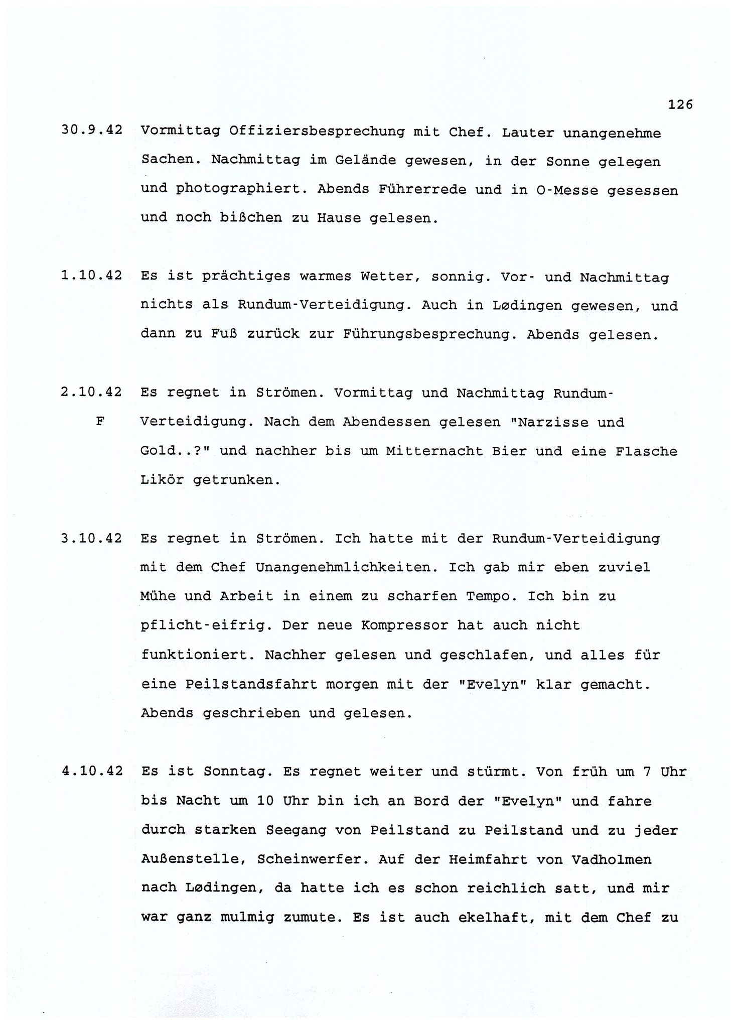 Dagbokopptegnelser av en tysk marineoffiser stasjonert i Norge , FMFB/A-1160/F/L0001: Dagbokopptegnelser av en tysk marineoffiser stasjonert i Norge, 1941-1944, p. 126