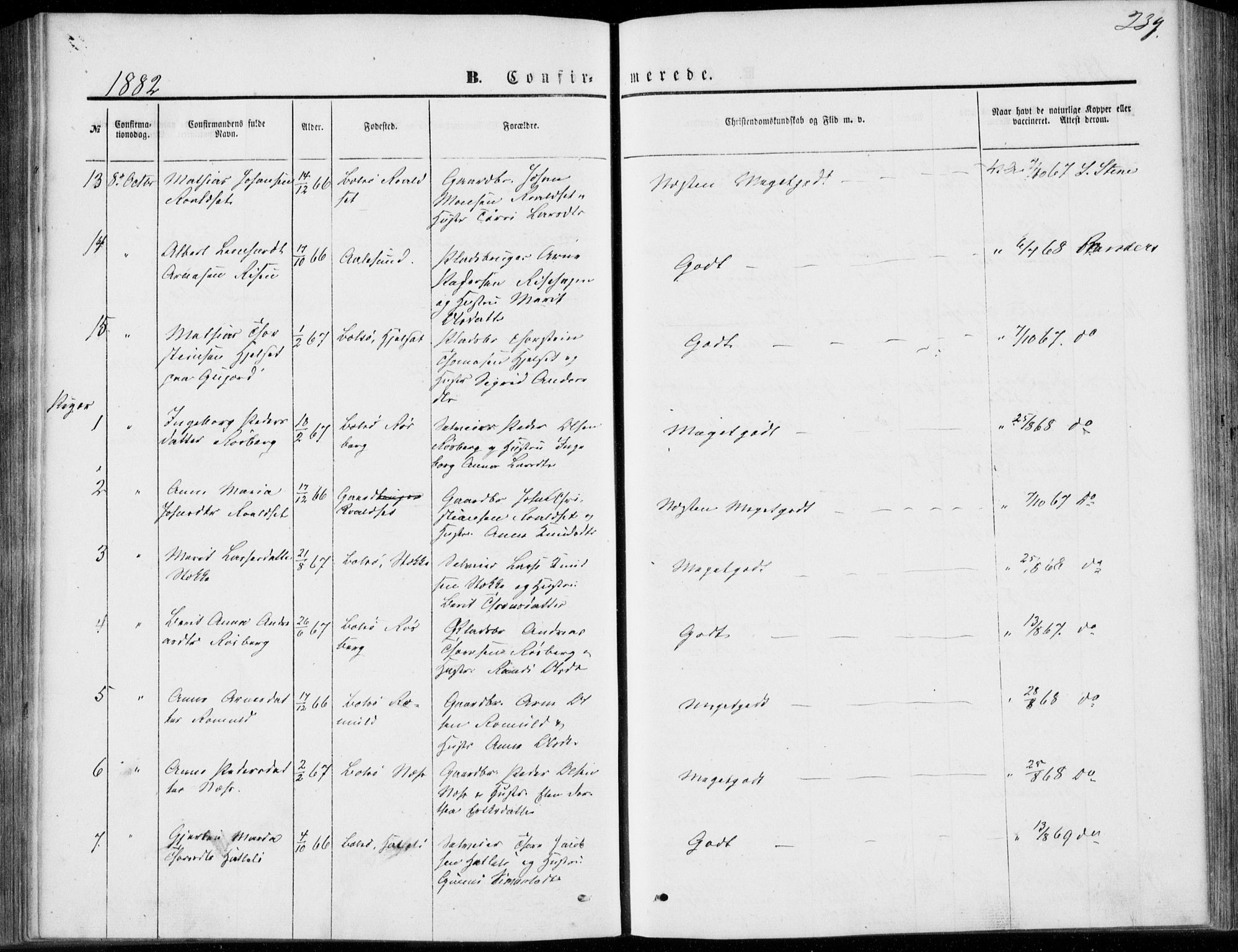 Ministerialprotokoller, klokkerbøker og fødselsregistre - Møre og Romsdal, AV/SAT-A-1454/557/L0681: Parish register (official) no. 557A03, 1869-1886, p. 239