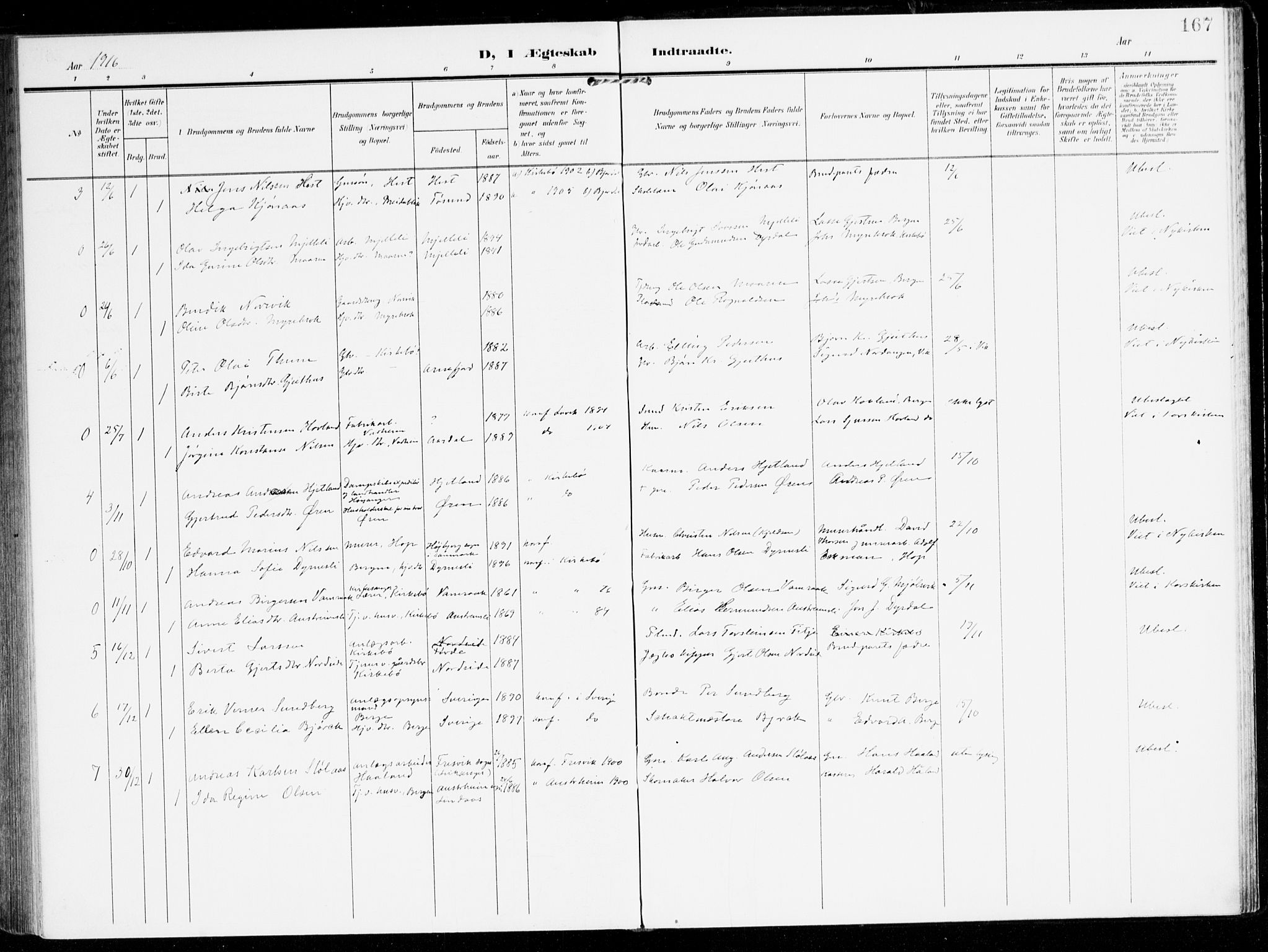 Lavik sokneprestembete, AV/SAB-A-80901: Parish register (official) no. C 2, 1904-1921, p. 167