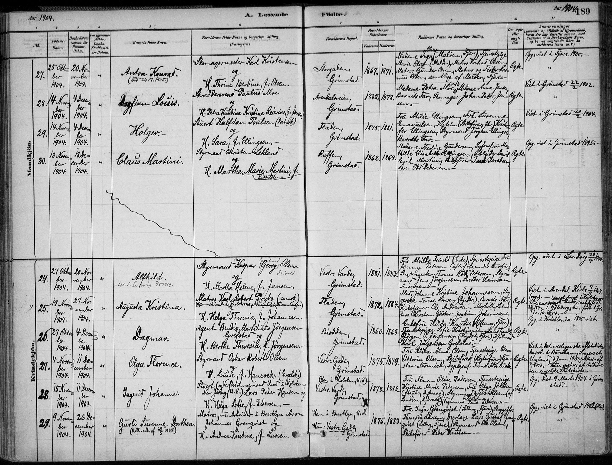 Grimstad sokneprestkontor, SAK/1111-0017/F/Fa/L0003: Parish register (official) no. A 2, 1882-1912, p. 189