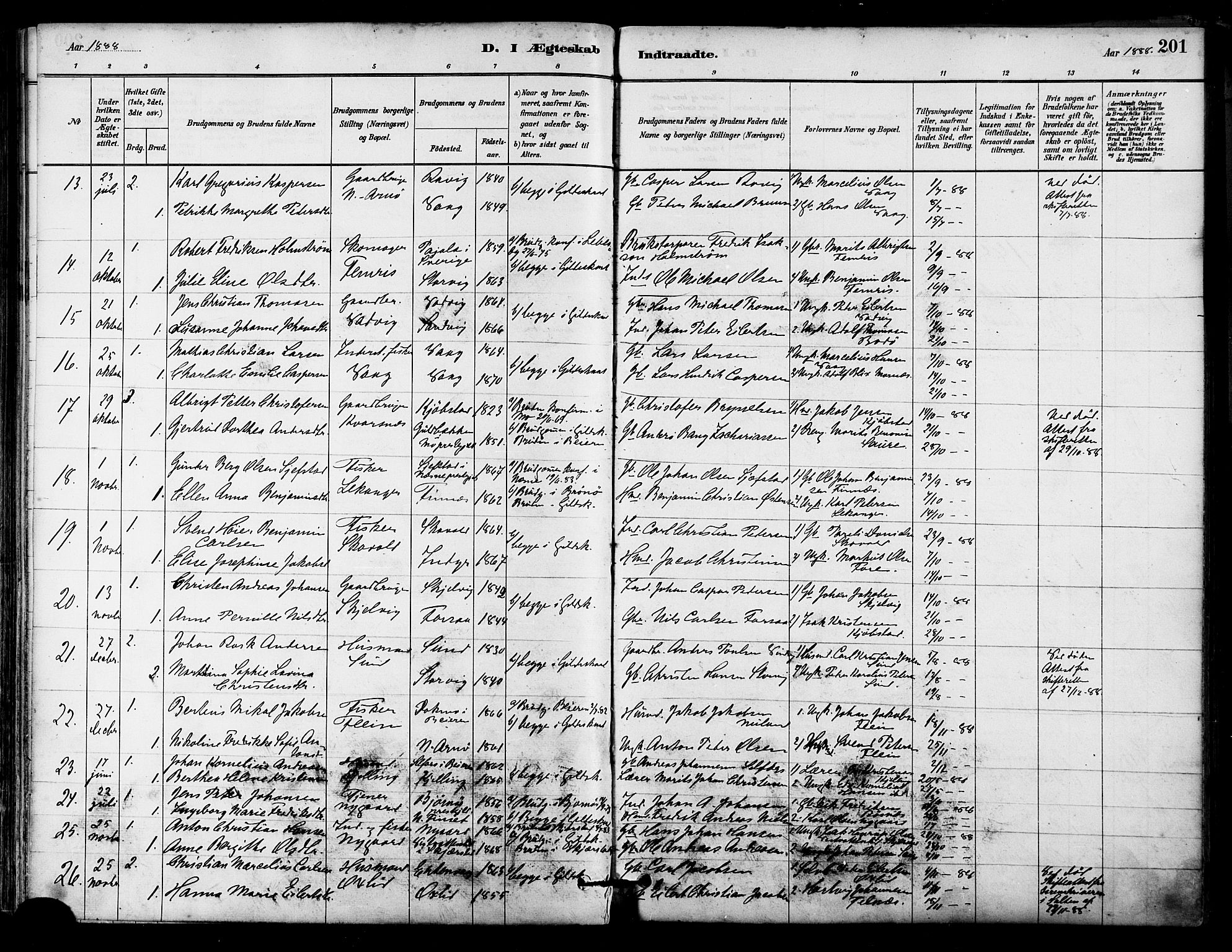 Ministerialprotokoller, klokkerbøker og fødselsregistre - Nordland, AV/SAT-A-1459/805/L0099: Parish register (official) no. 805A06, 1880-1891, p. 201