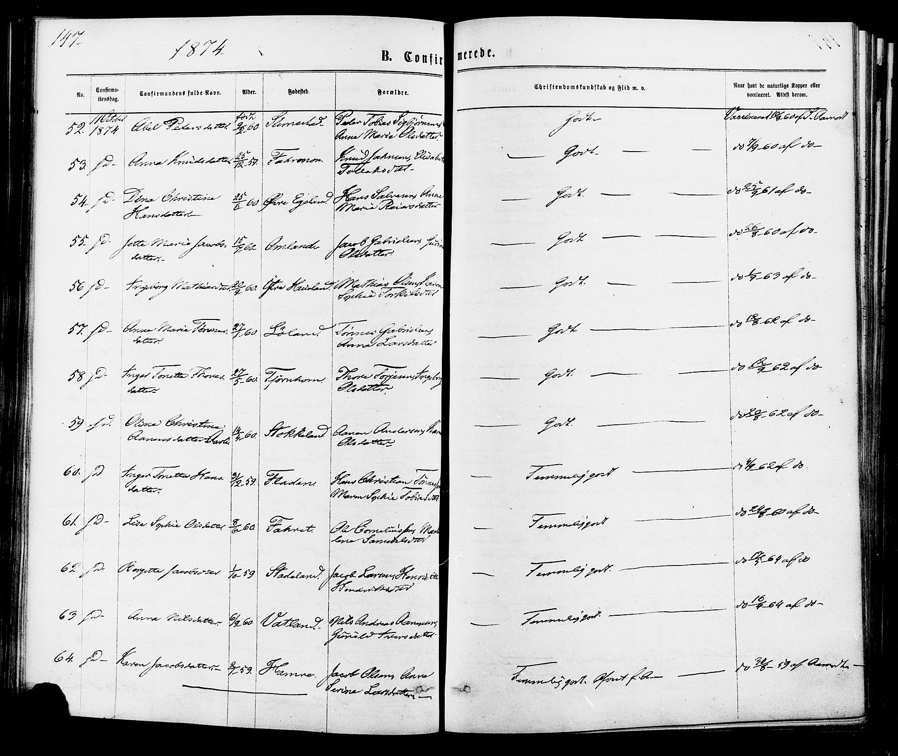 Kvinesdal sokneprestkontor, SAK/1111-0026/F/Fa/Fab/L0007: Parish register (official) no. A 7, 1870-1885, p. 147