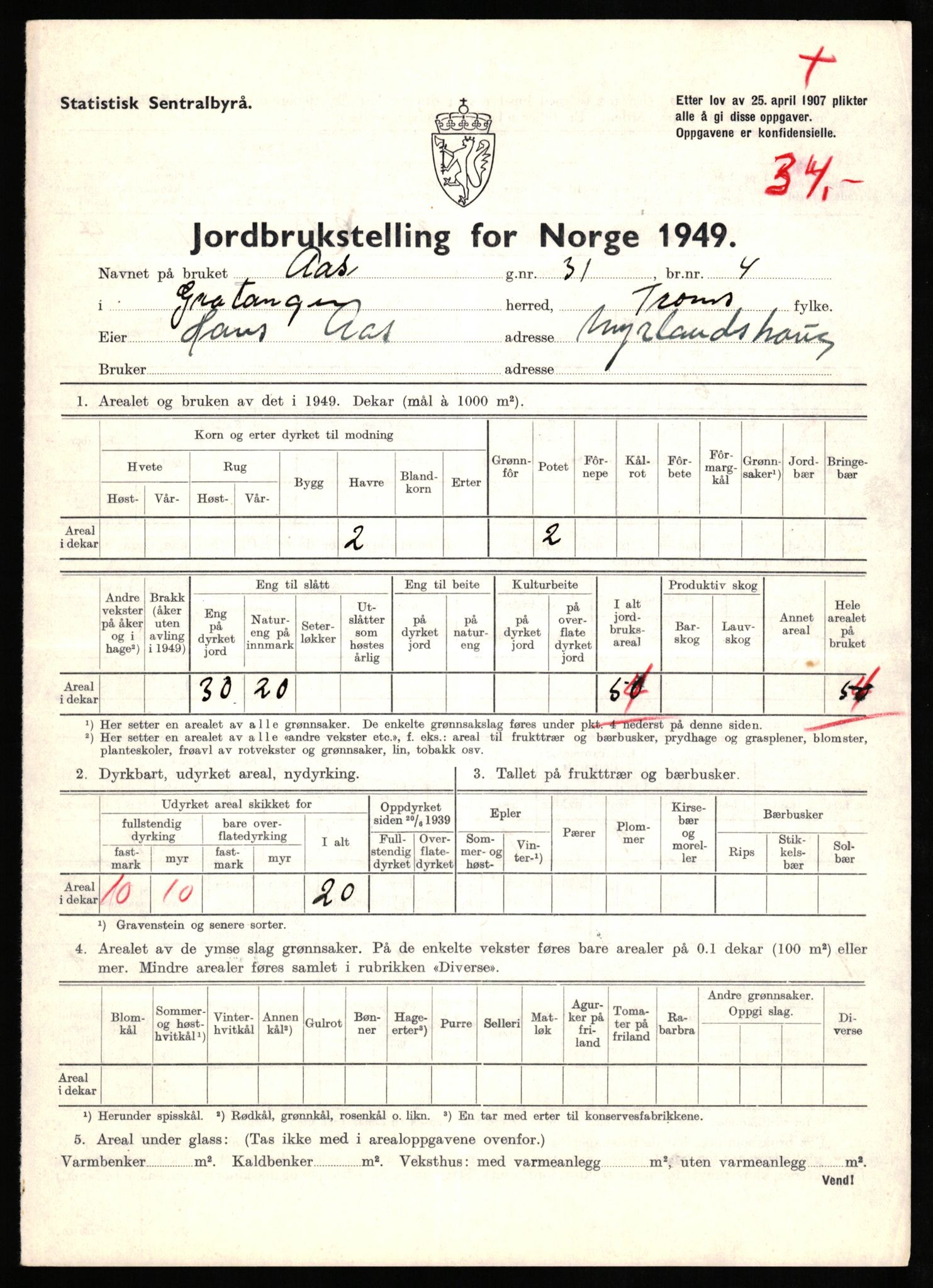 Statistisk sentralbyrå, Næringsøkonomiske emner, Jordbruk, skogbruk, jakt, fiske og fangst, AV/RA-S-2234/G/Gc/L0437: Troms: Gratangen og Lavangen, 1949, p. 1234