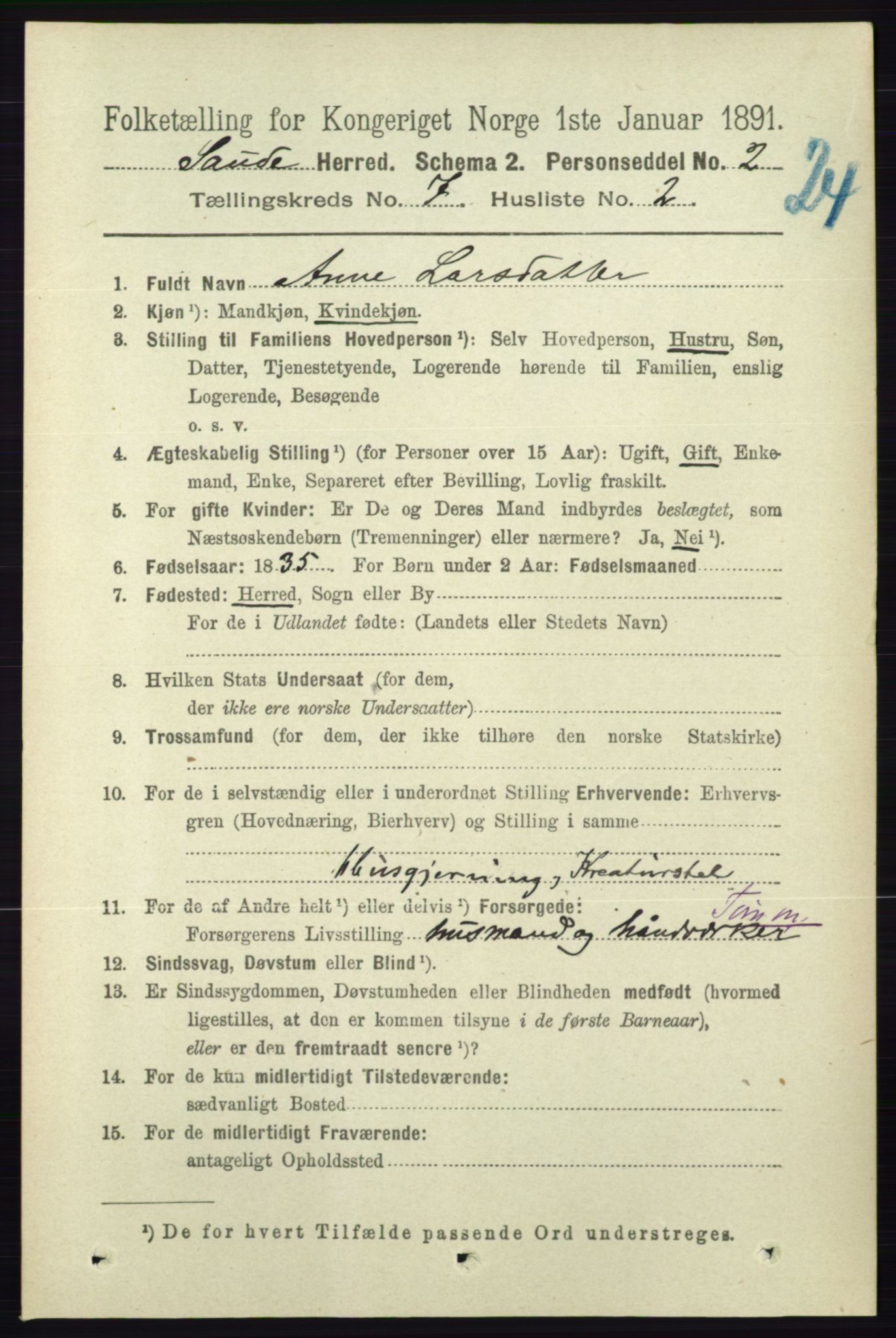 RA, 1891 census for 0822 Sauherad, 1891, p. 2033