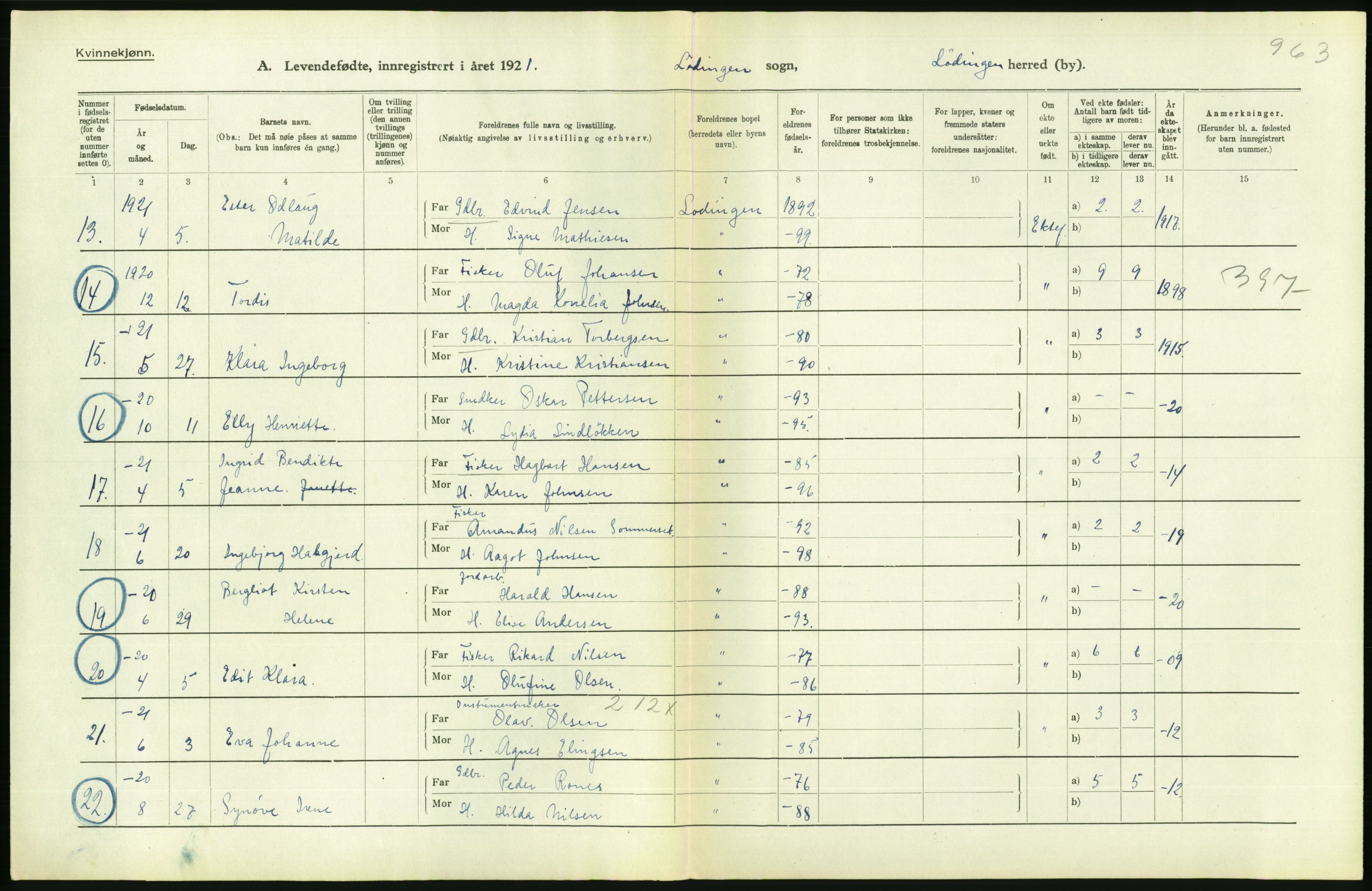 Statistisk sentralbyrå, Sosiodemografiske emner, Befolkning, AV/RA-S-2228/D/Df/Dfc/Dfca/L0049: Nordland fylke: Levendefødte menn og kvinner. Bygder., 1921, p. 296