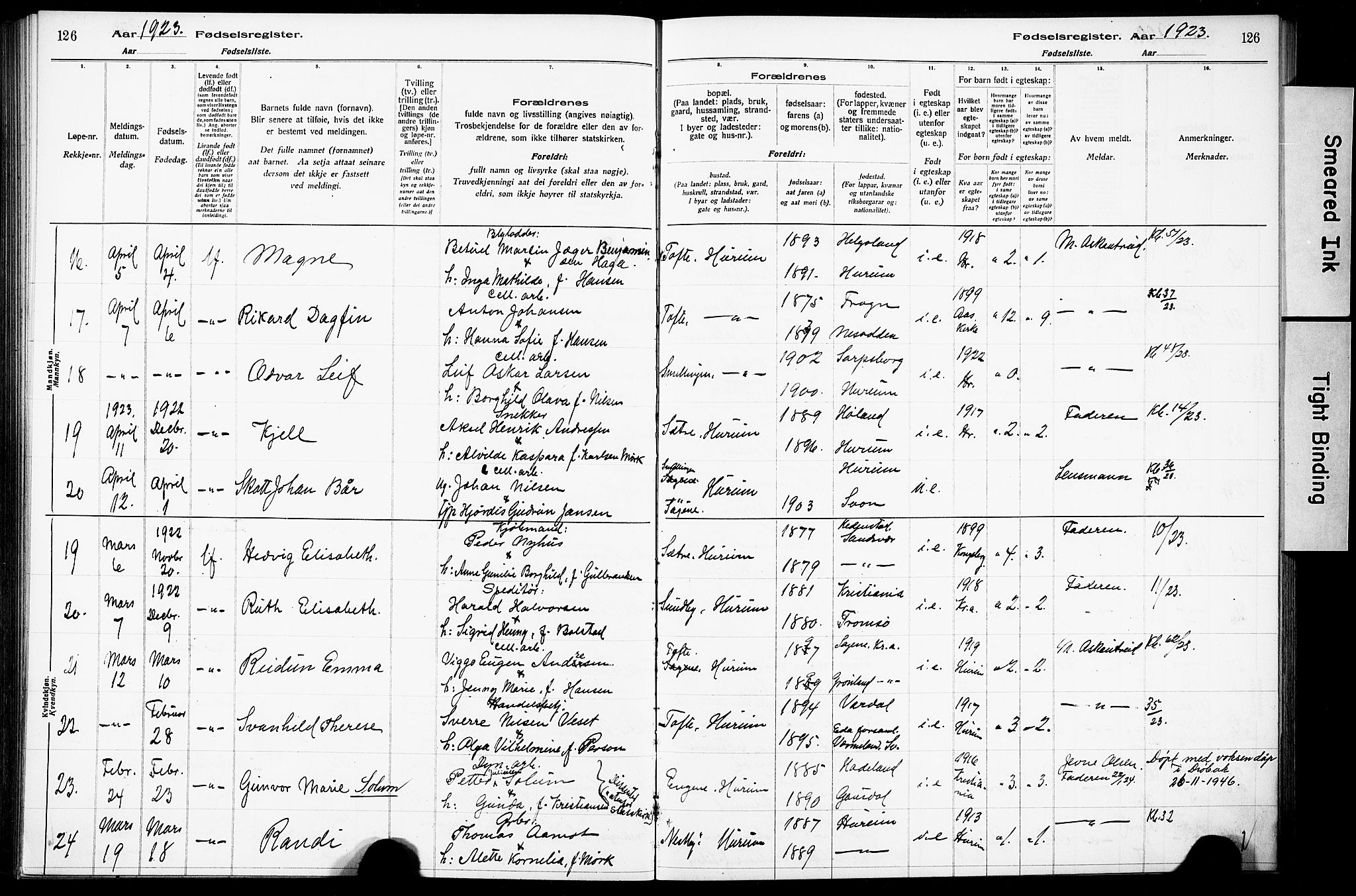 Hurum kirkebøker, SAKO/A-229/J/Ja/L0001: Birth register no. 1, 1916-1928, p. 126