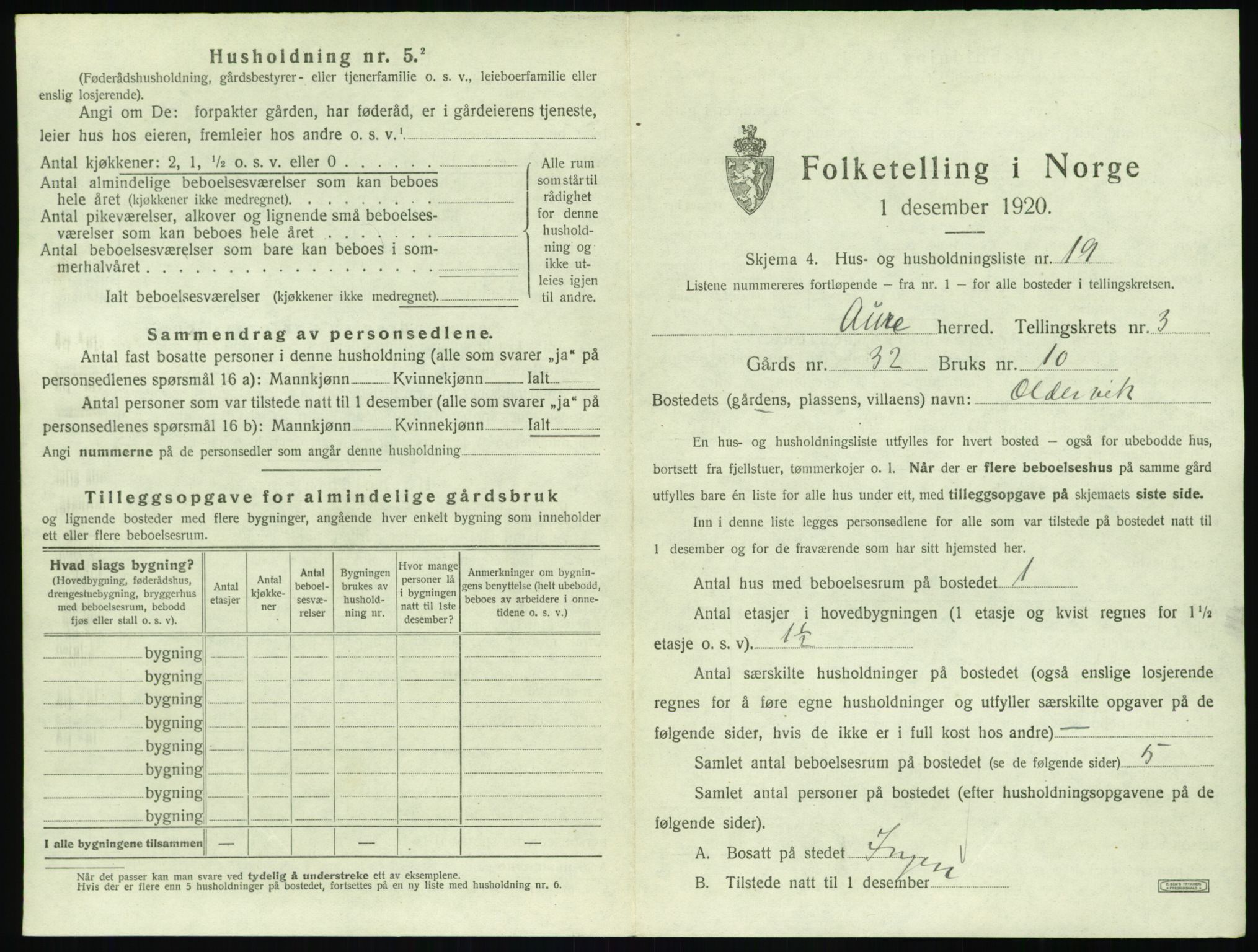 SAT, 1920 census for Aure, 1920, p. 216