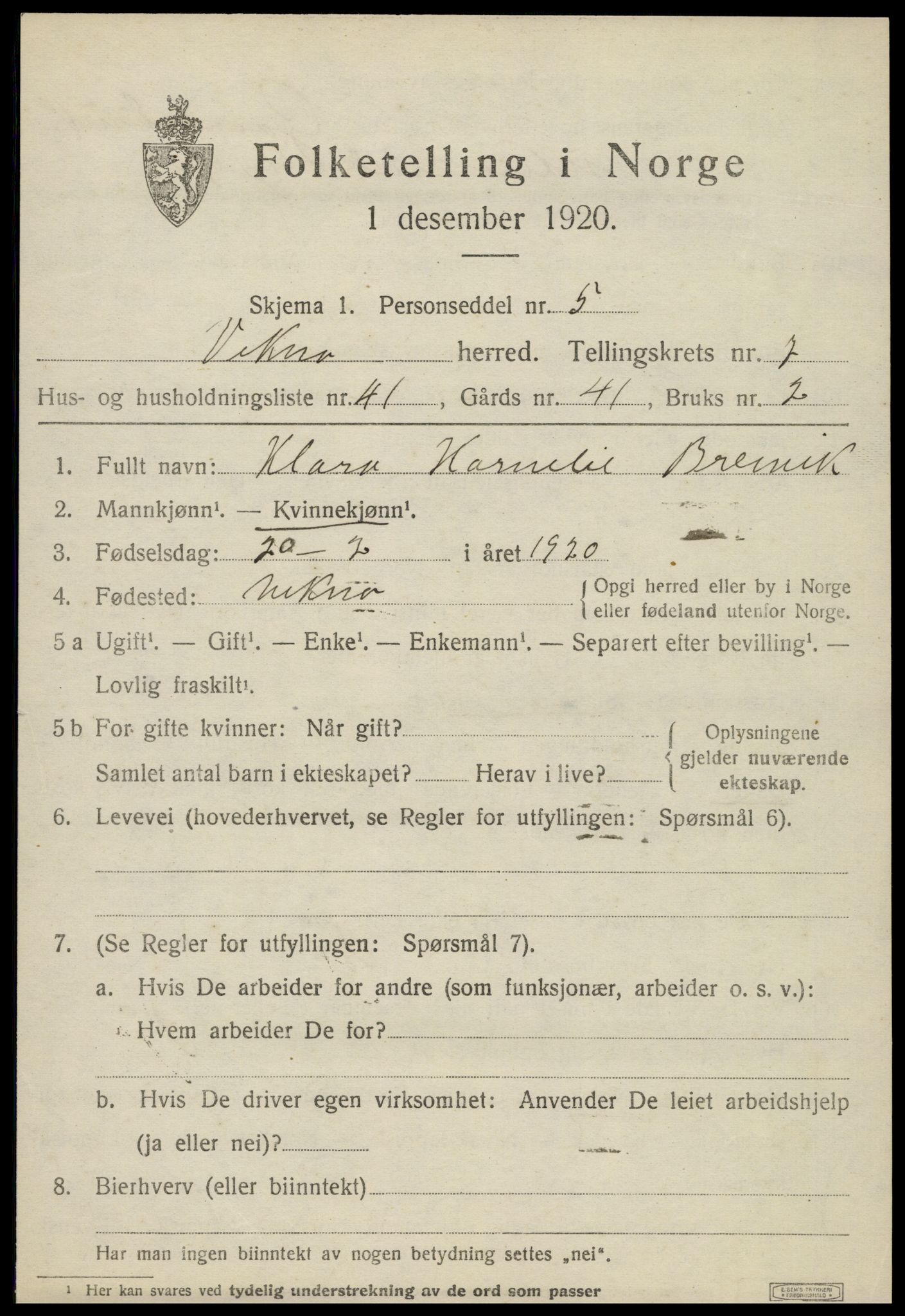 SAT, 1920 census for Vikna, 1920, p. 5983