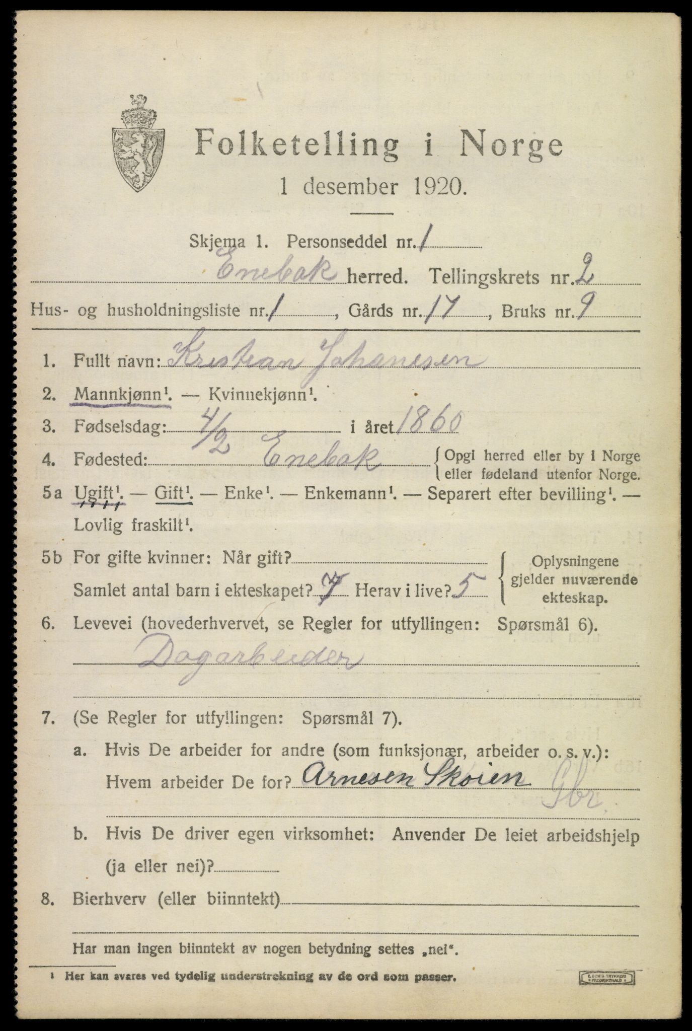 SAO, 1920 census for Enebakk, 1920, p. 2069