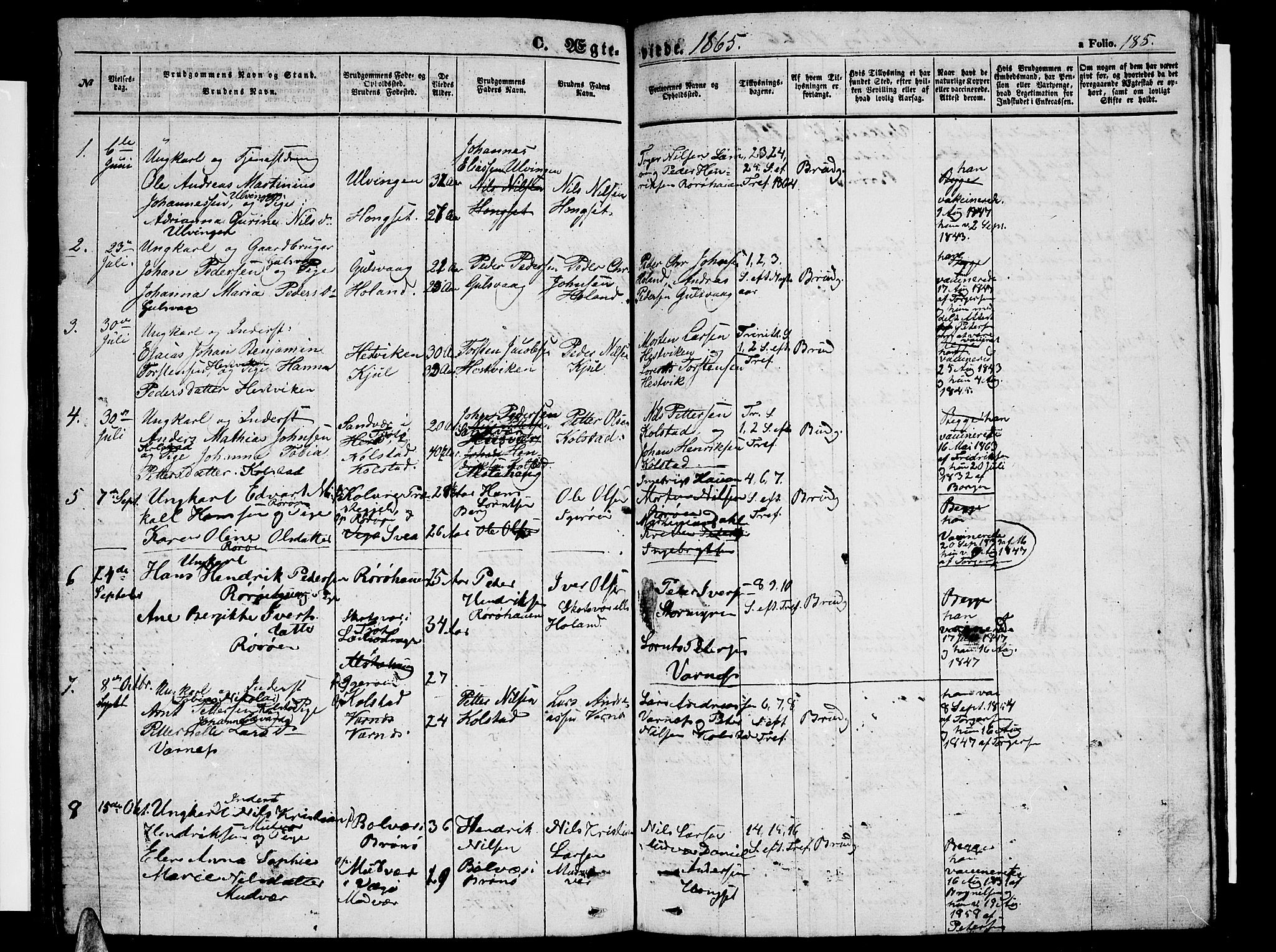 Ministerialprotokoller, klokkerbøker og fødselsregistre - Nordland, AV/SAT-A-1459/816/L0251: Parish register (copy) no. 816C01, 1852-1870, p. 185