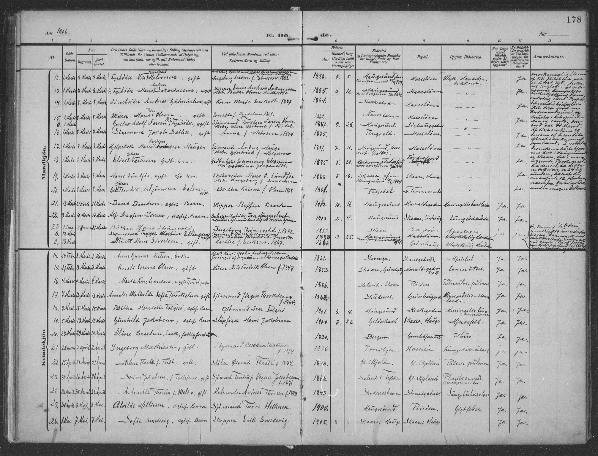 Haugesund sokneprestkontor, AV/SAST-A -101863/H/Ha/Haa/L0007: Parish register (official) no. A 7, 1904-1916, p. 178