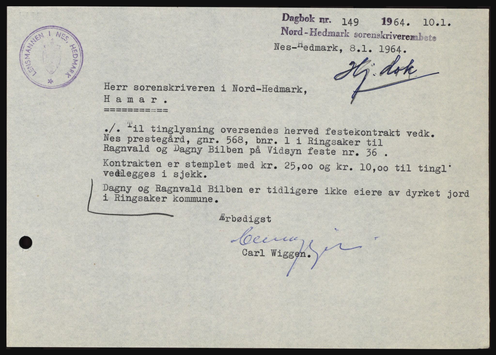 Nord-Hedmark sorenskriveri, SAH/TING-012/H/Hc/L0019: Mortgage book no. 19, 1963-1964, Diary no: : 149/1964