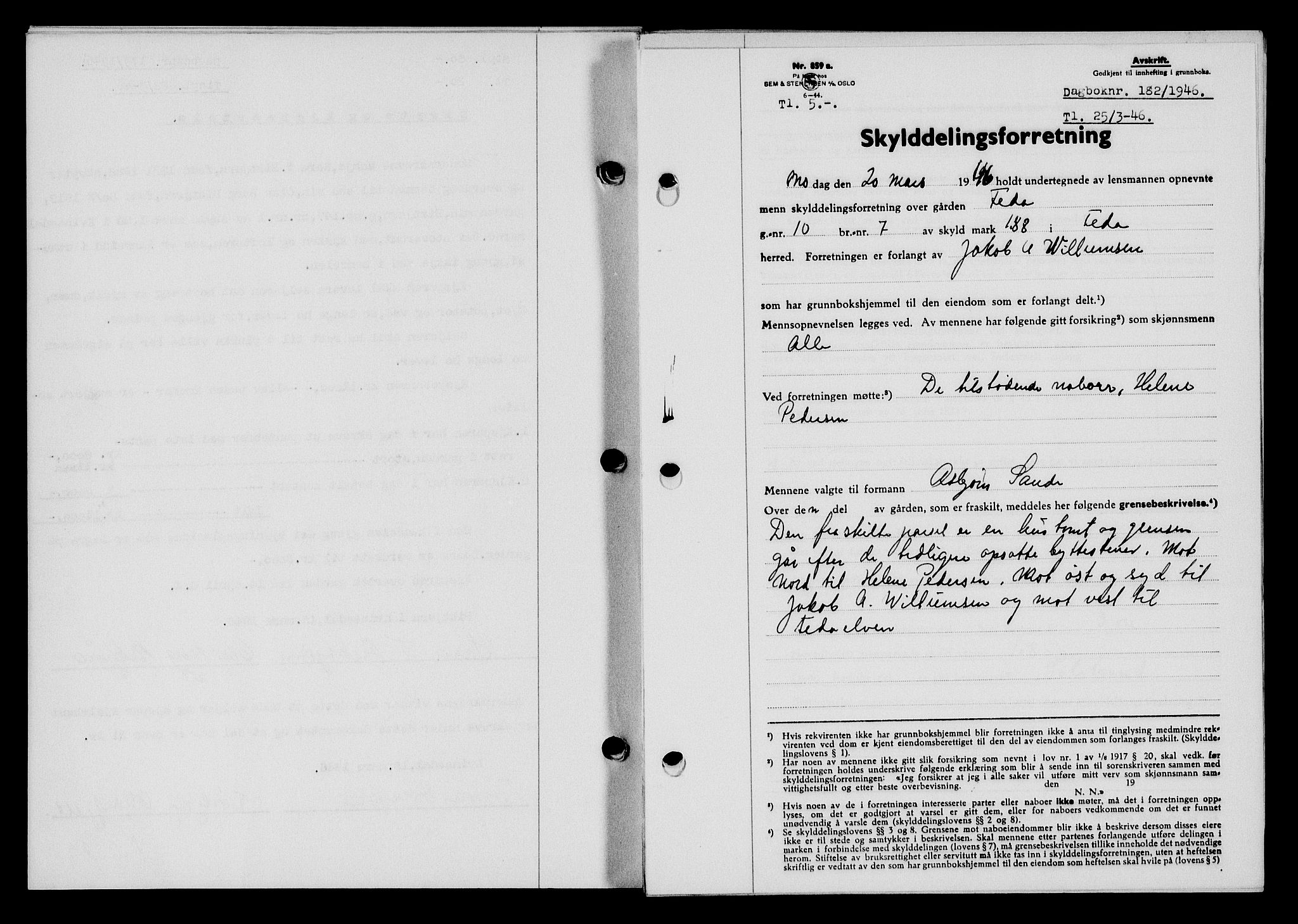 Flekkefjord sorenskriveri, SAK/1221-0001/G/Gb/Gba/L0060: Mortgage book no. A-8, 1945-1946, Diary no: : 182/1946