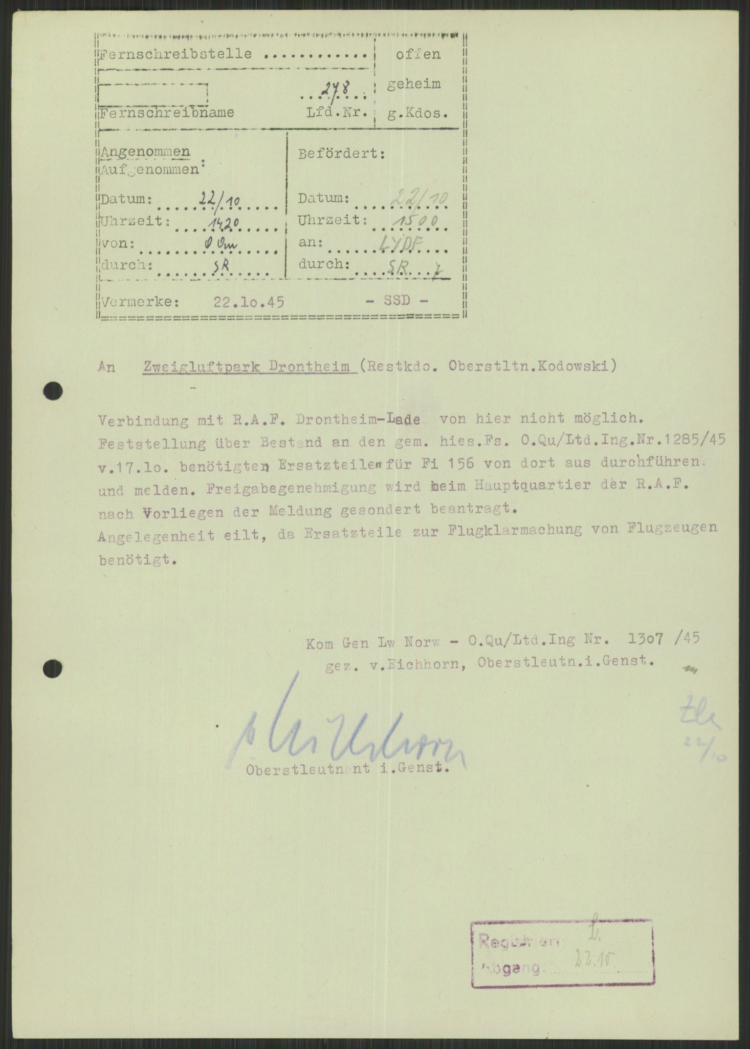 Deutscher Oberbefehlshaber Norwegen (DOBN), AV/RA-RAFA-2197/D/Di/L0066: AOK 20/WBN-DOBN Luftwaffe/Komm G. d.Dt.Lw. in Norwegen, 1945, p. 785