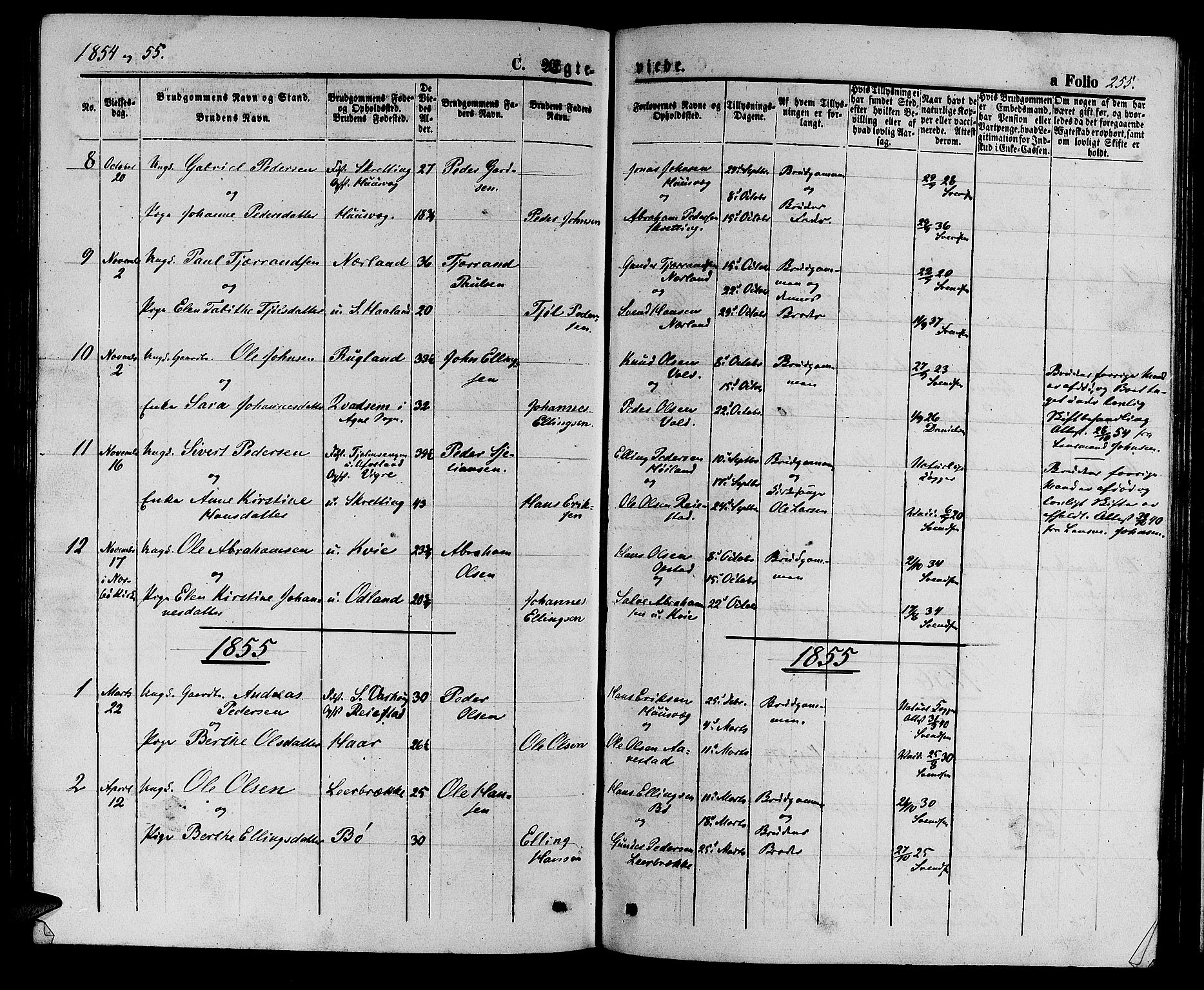 Hå sokneprestkontor, SAST/A-101801/001/30BB/L0002: Parish register (copy) no. B 2, 1854-1883, p. 255