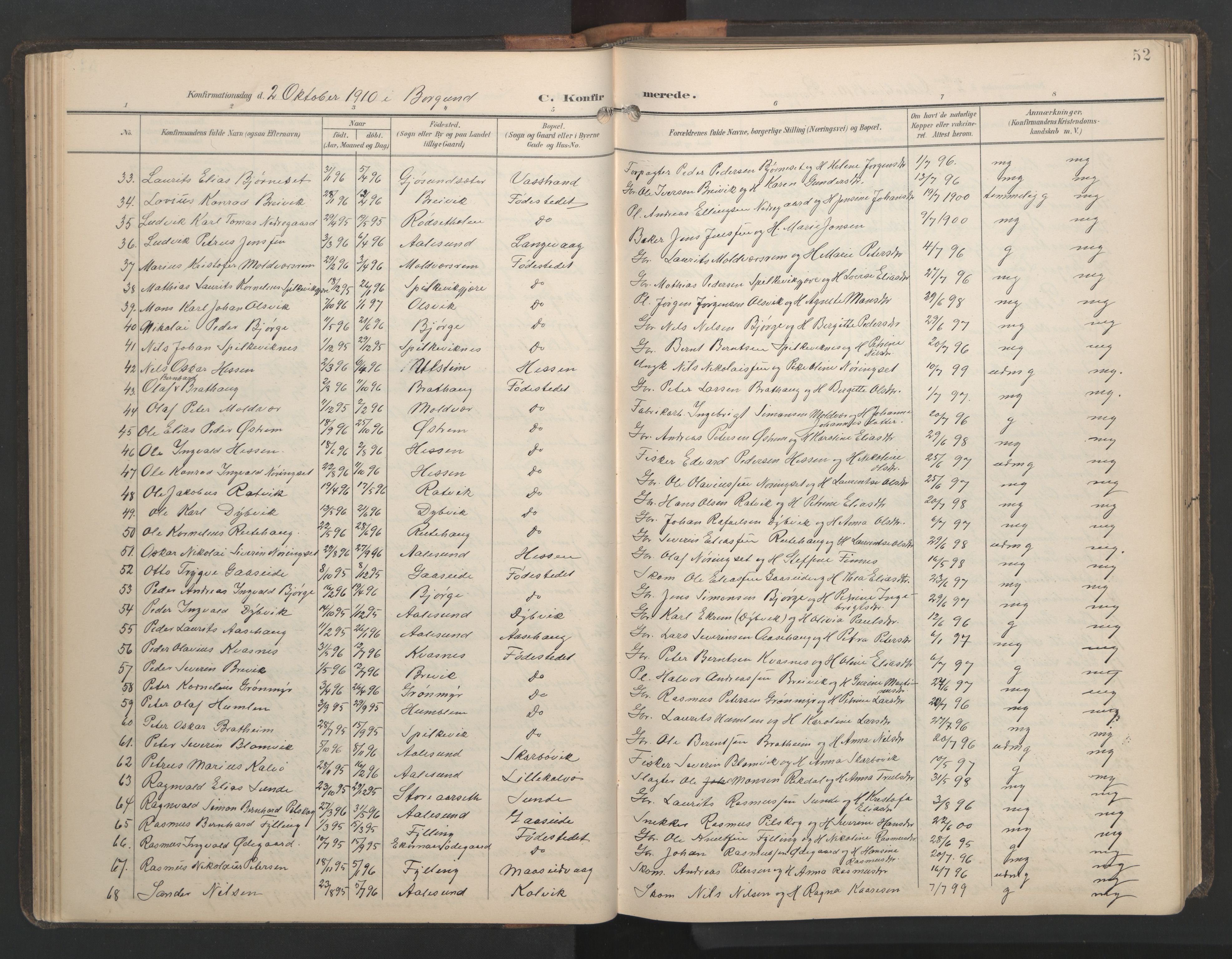 Ministerialprotokoller, klokkerbøker og fødselsregistre - Møre og Romsdal, AV/SAT-A-1454/528/L0433: Parish register (copy) no. 528C14, 1899-1922, p. 52