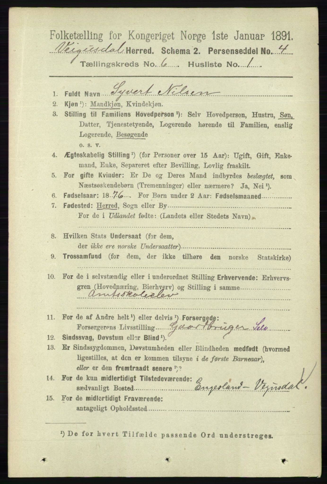 RA, 1891 census for 0934 Vegusdal, 1891, p. 1082