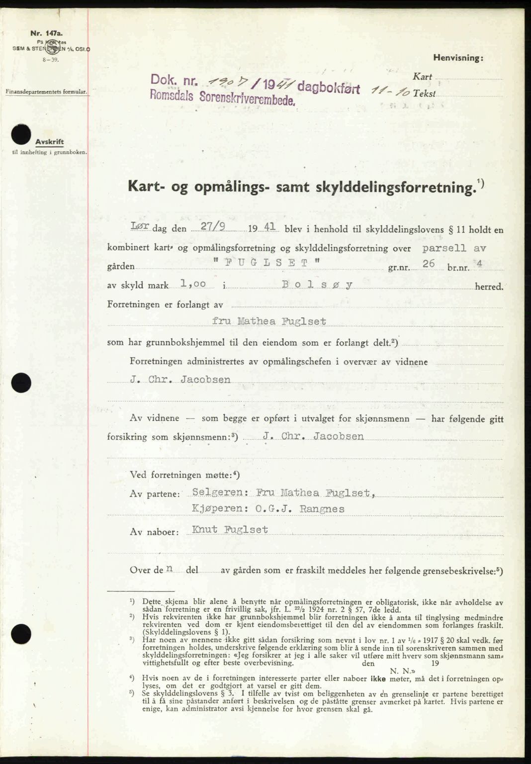 Romsdal sorenskriveri, AV/SAT-A-4149/1/2/2C: Mortgage book no. A11, 1941-1942, Diary no: : 1907/1941