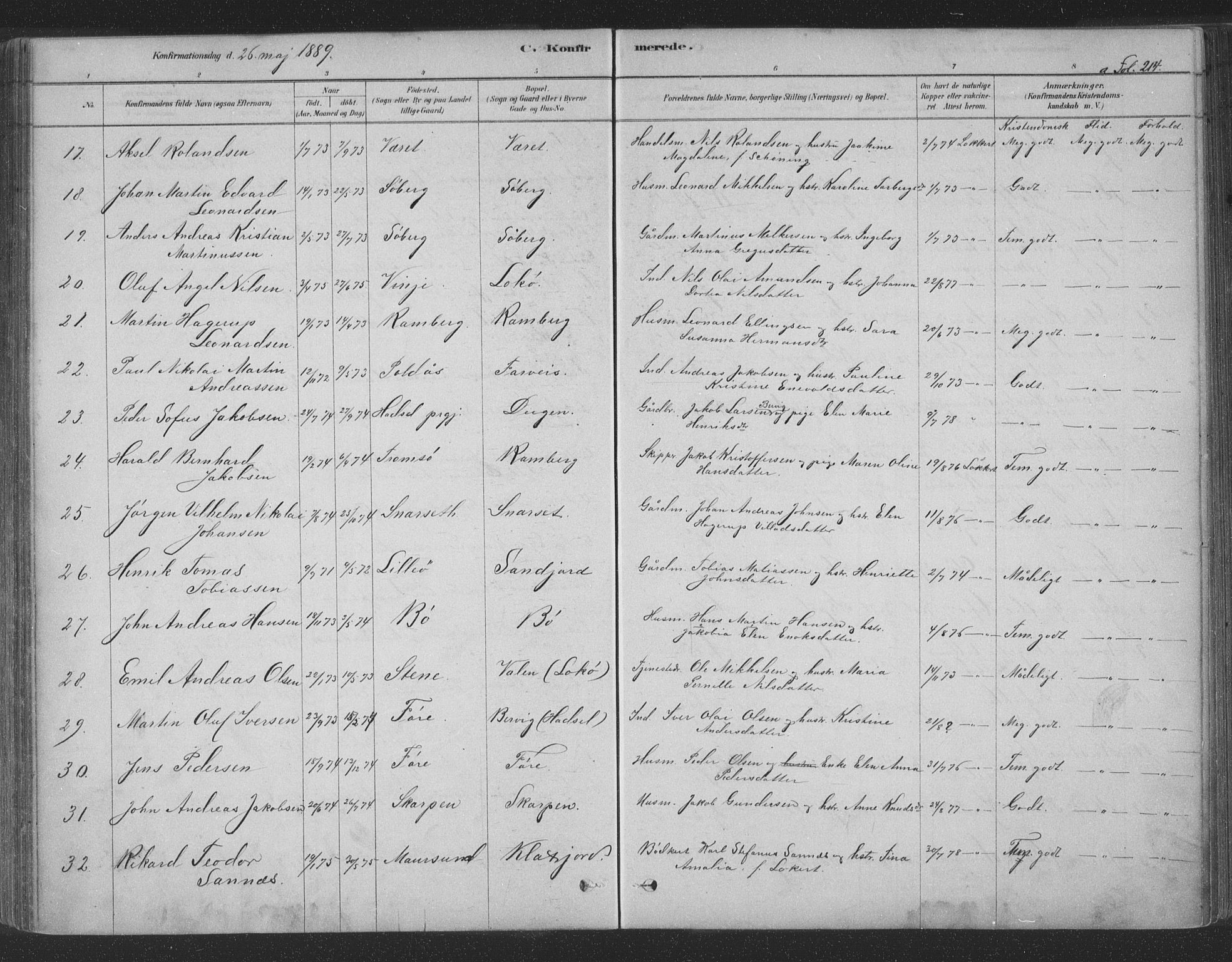 Ministerialprotokoller, klokkerbøker og fødselsregistre - Nordland, AV/SAT-A-1459/891/L1302: Parish register (official) no. 891A07, 1878-1895, p. 214