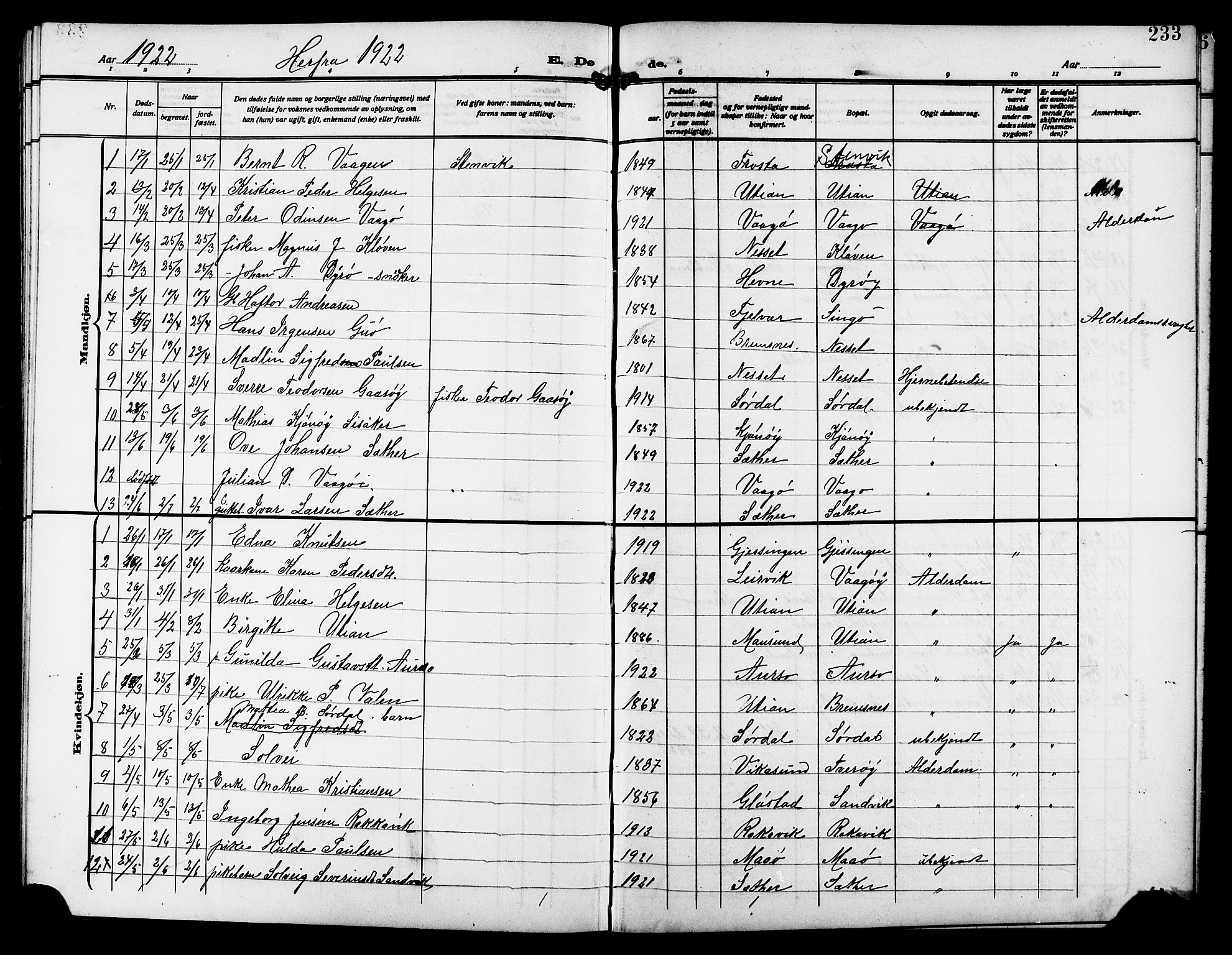 Ministerialprotokoller, klokkerbøker og fødselsregistre - Sør-Trøndelag, SAT/A-1456/640/L0588: Parish register (copy) no. 640C05, 1909-1922, p. 233