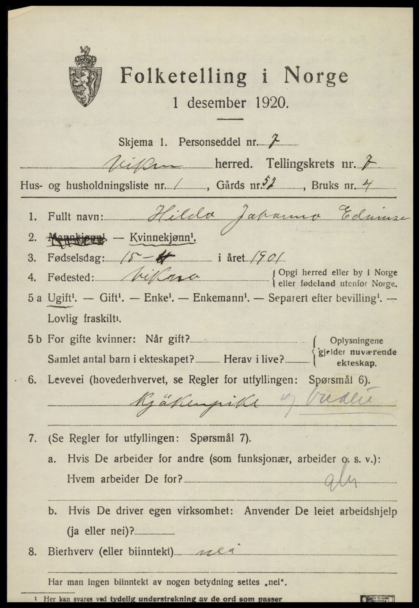 SAT, 1920 census for Vikna, 1920, p. 5487