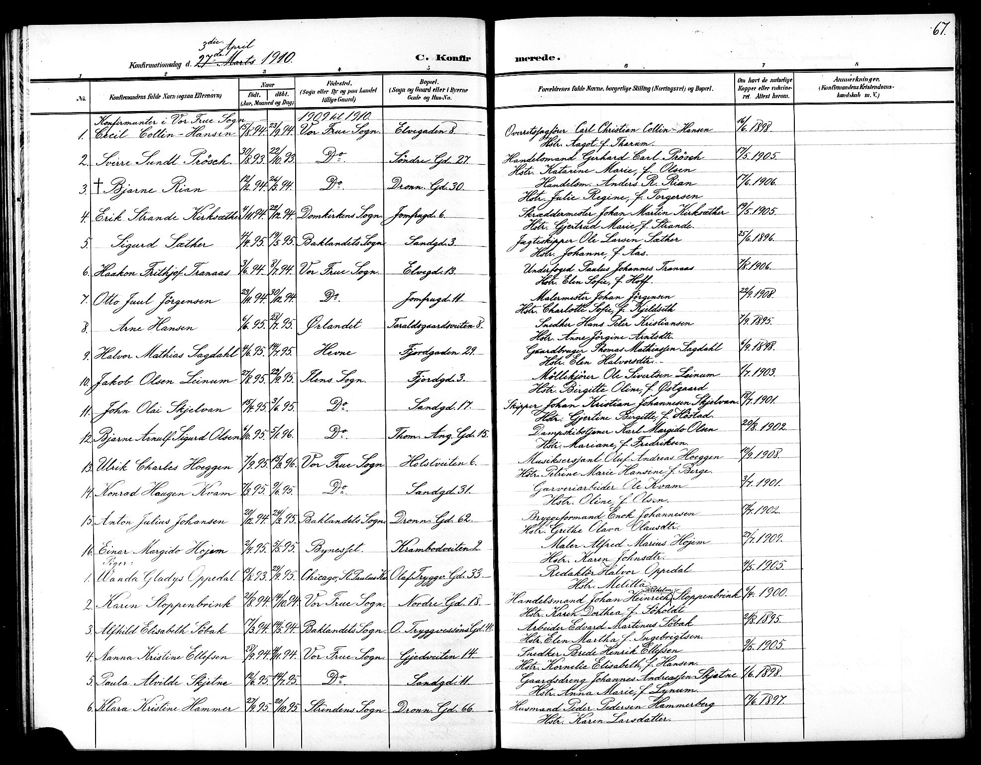 Ministerialprotokoller, klokkerbøker og fødselsregistre - Sør-Trøndelag, SAT/A-1456/602/L0146: Parish register (copy) no. 602C14, 1904-1914, p. 67