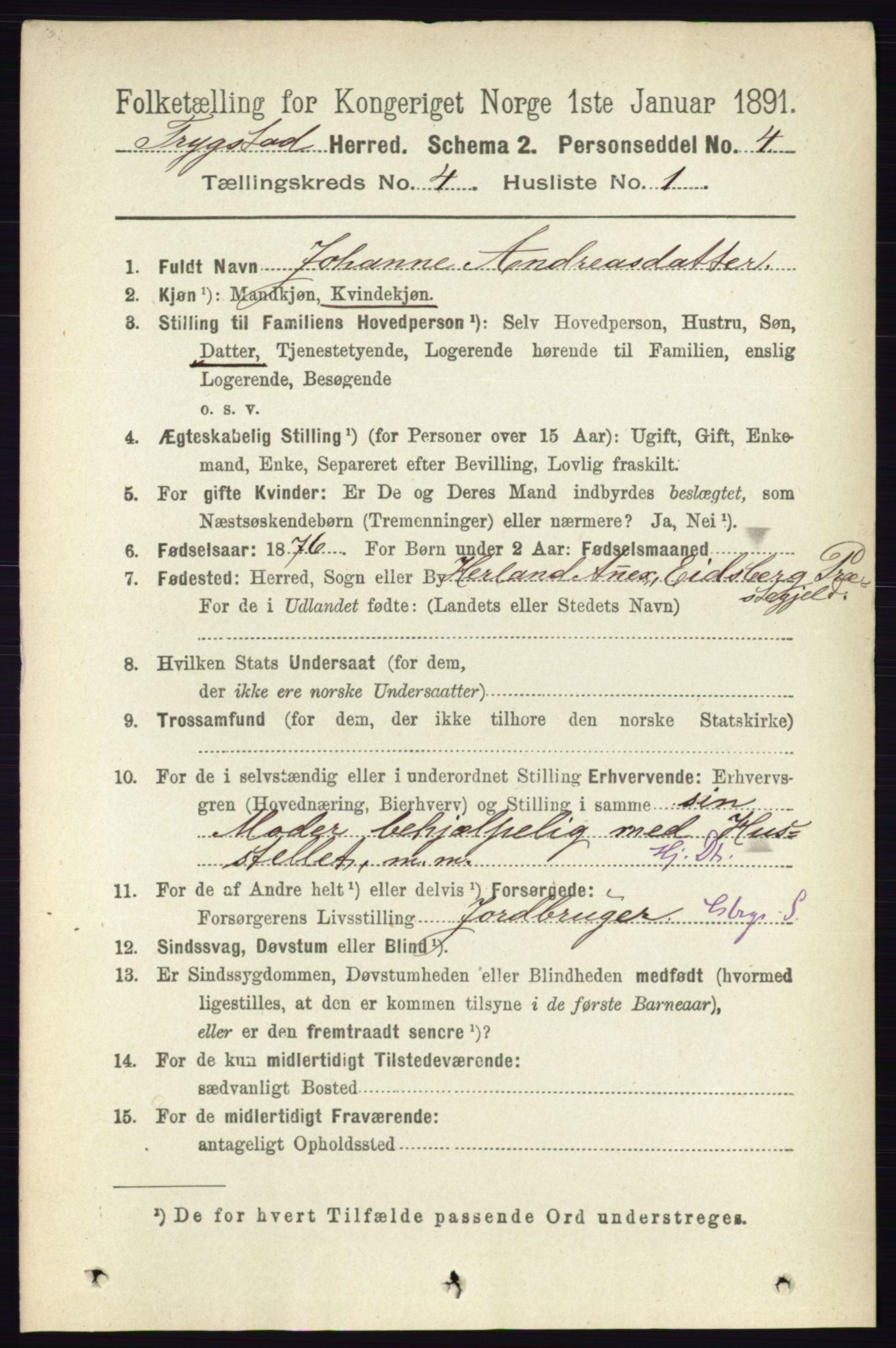 RA, 1891 Census for 0122 Trøgstad, 1891, p. 1582