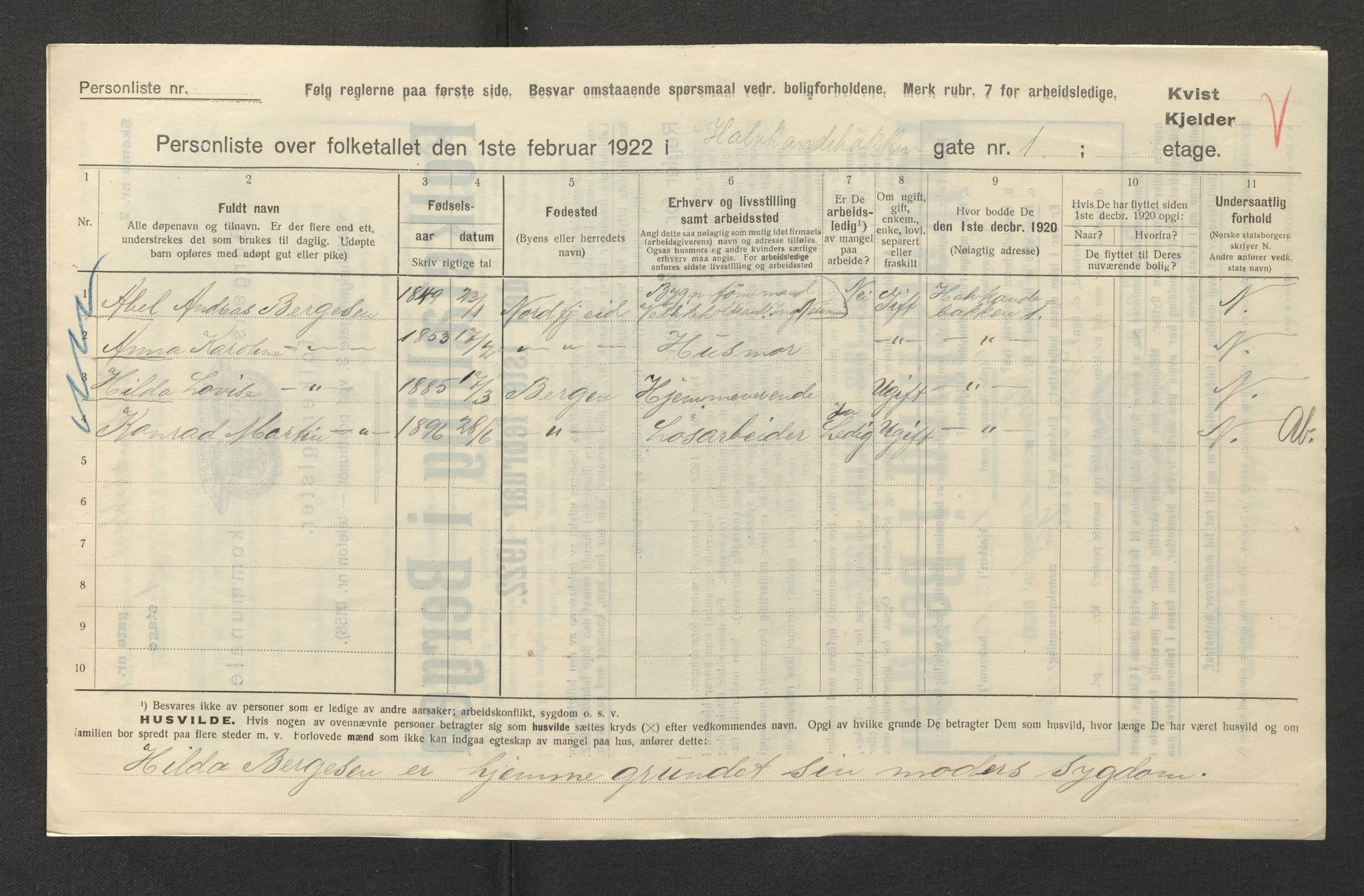 SAB, Municipal Census 1922 for Bergen, 1922, p. 11943