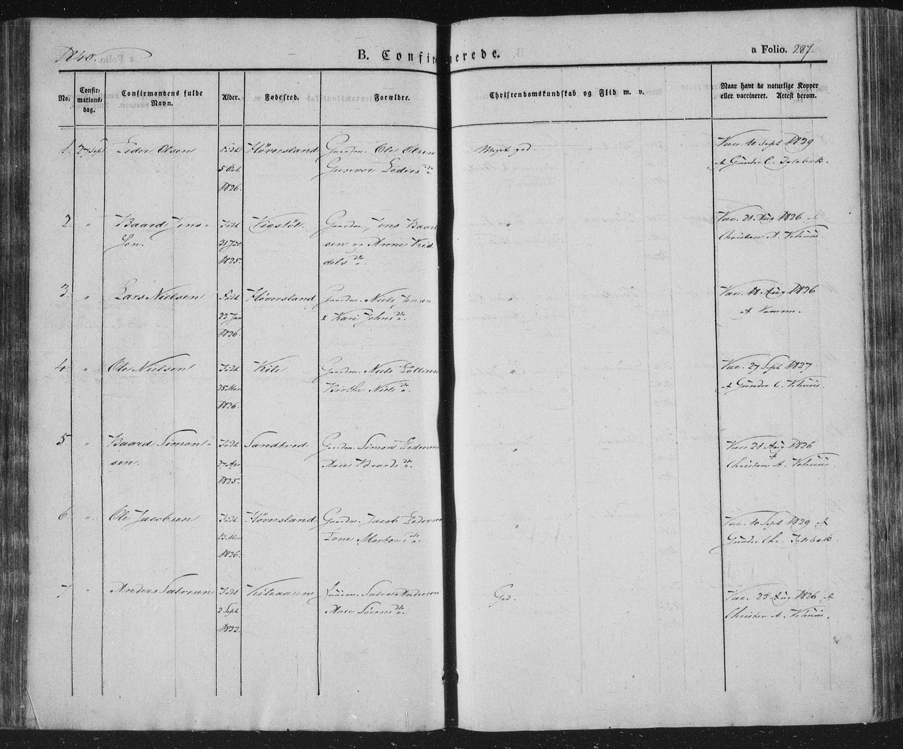 Vennesla sokneprestkontor, AV/SAK-1111-0045/Fa/Fac/L0004: Parish register (official) no. A 4, 1834-1855, p. 287