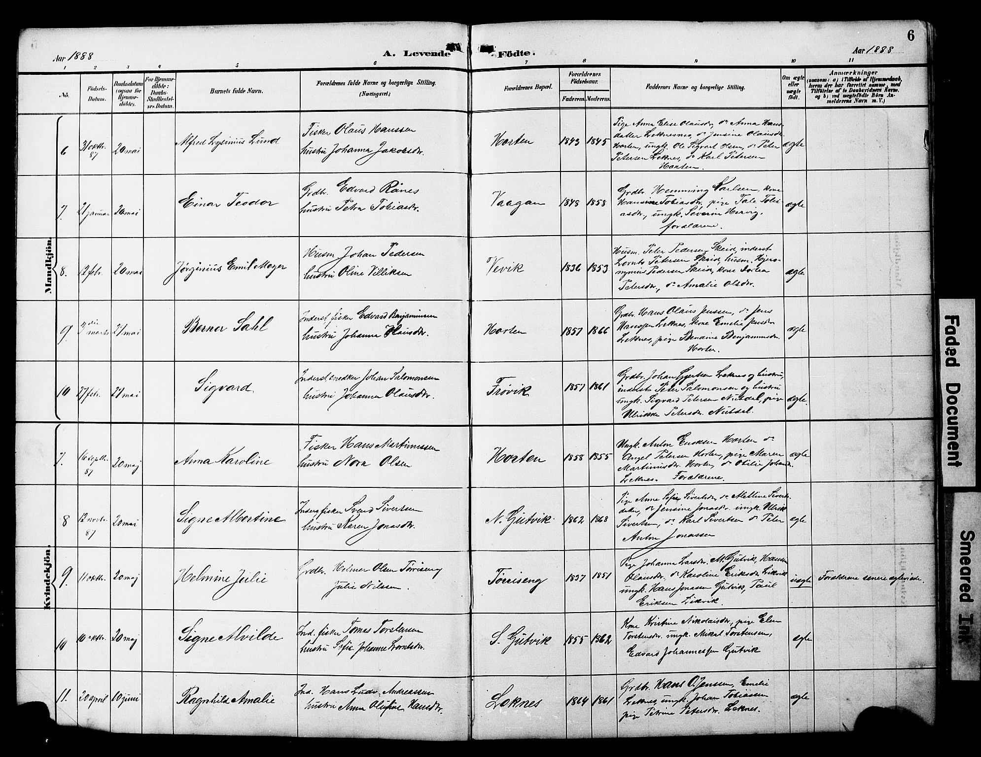 Ministerialprotokoller, klokkerbøker og fødselsregistre - Nord-Trøndelag, AV/SAT-A-1458/788/L0701: Parish register (copy) no. 788C01, 1888-1913, p. 6