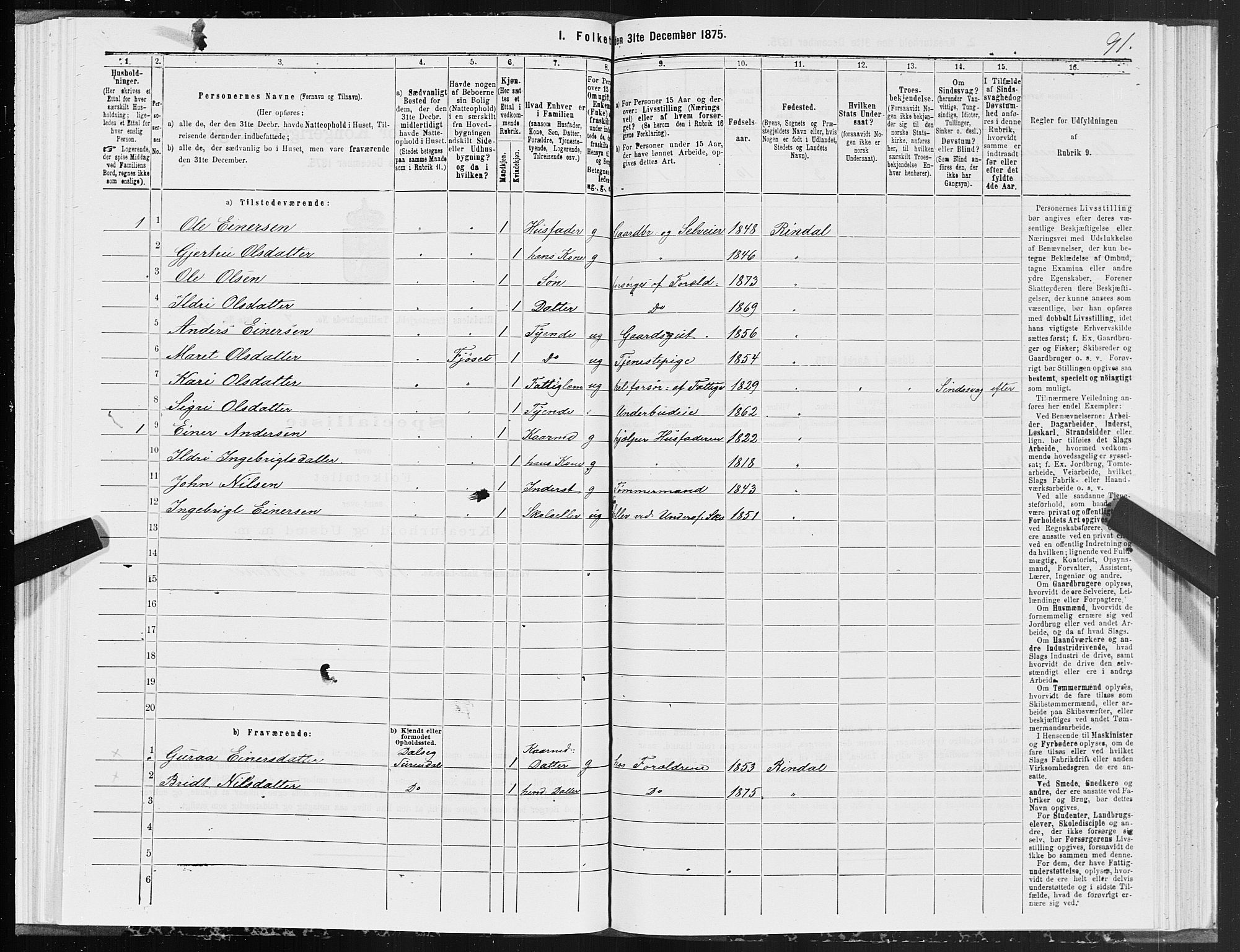 SAT, 1875 census for 1567P Rindal, 1875, p. 3091
