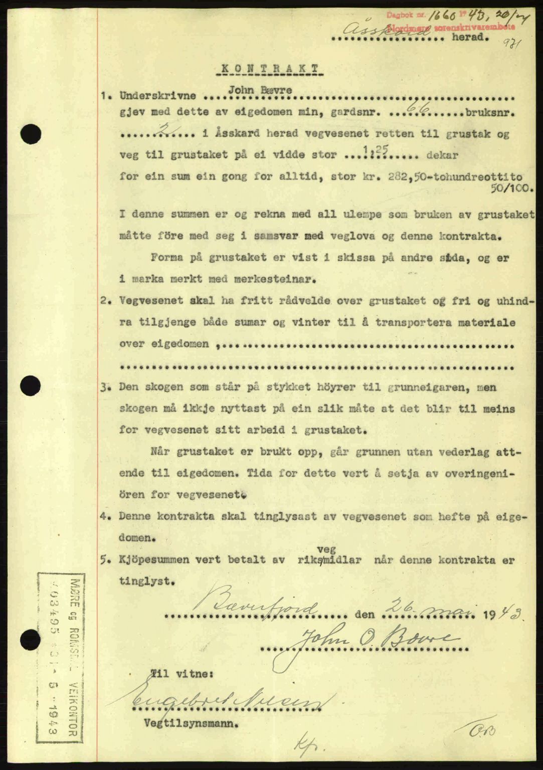 Nordmøre sorenskriveri, AV/SAT-A-4132/1/2/2Ca: Mortgage book no. B90, 1942-1943, Diary no: : 1655/1943