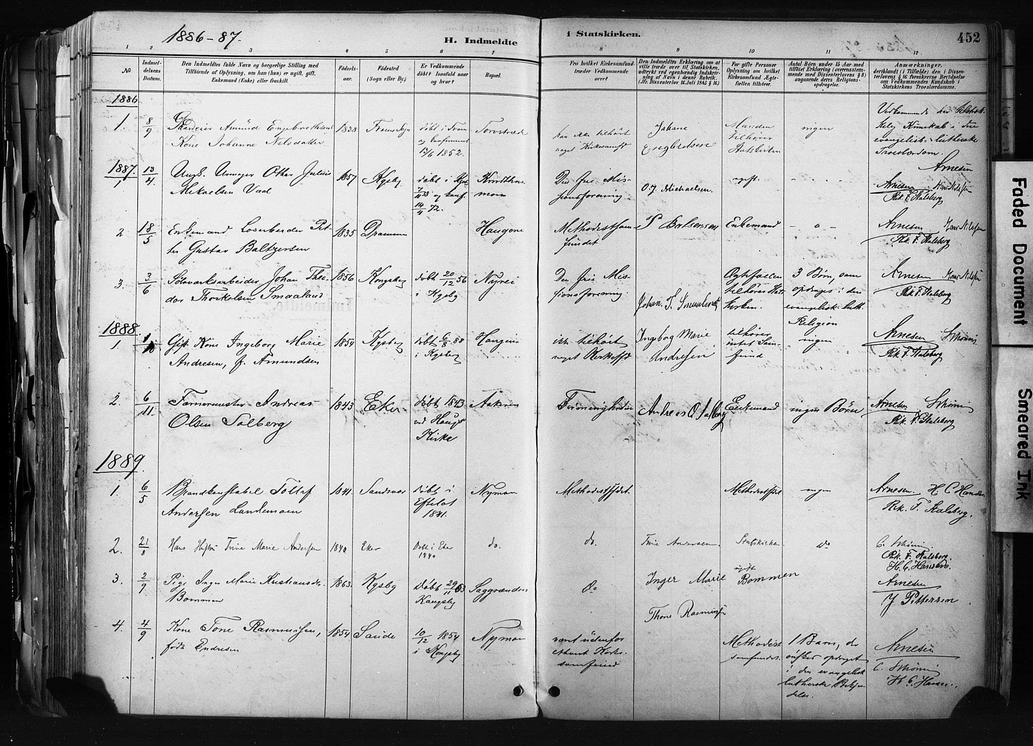 Kongsberg kirkebøker, AV/SAKO-A-22/F/Fb/L0002: Parish register (official) no. II 2, 1886-1896, p. 452