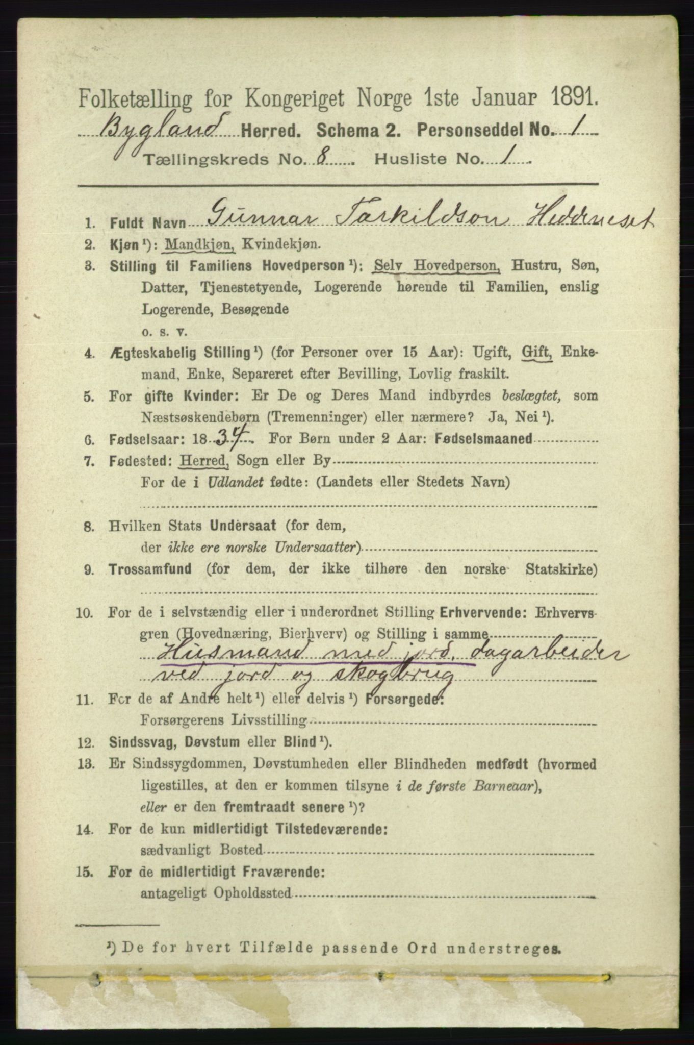 RA, 1891 census for 0938 Bygland, 1891, p. 1915