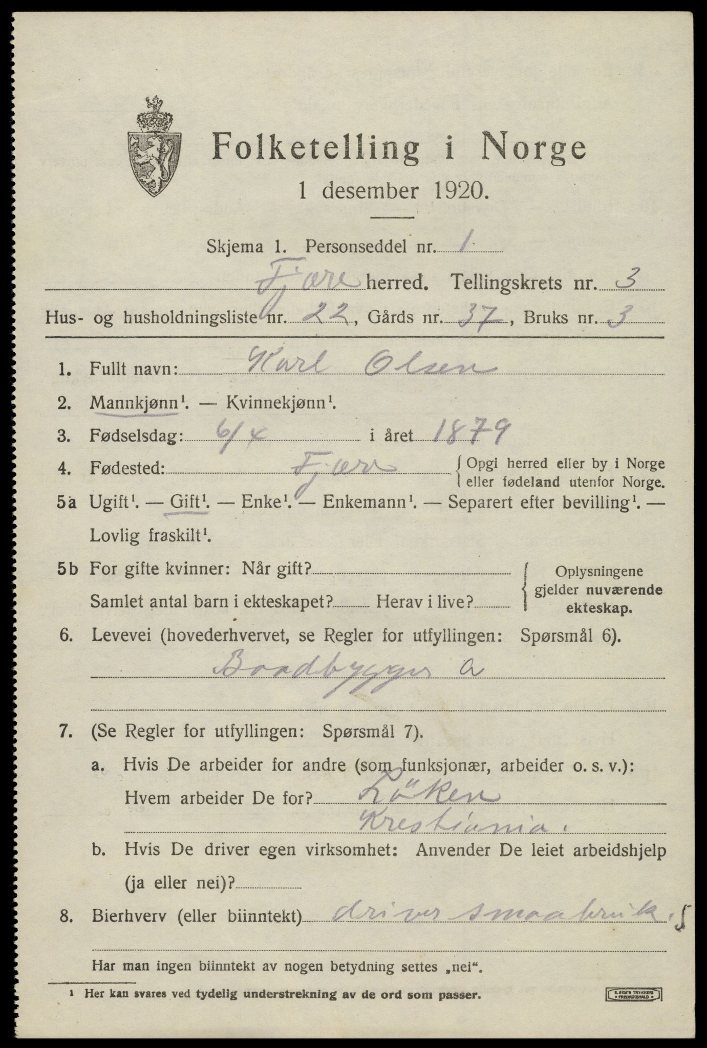 SAK, 1920 census for Fjære, 1920, p. 4793