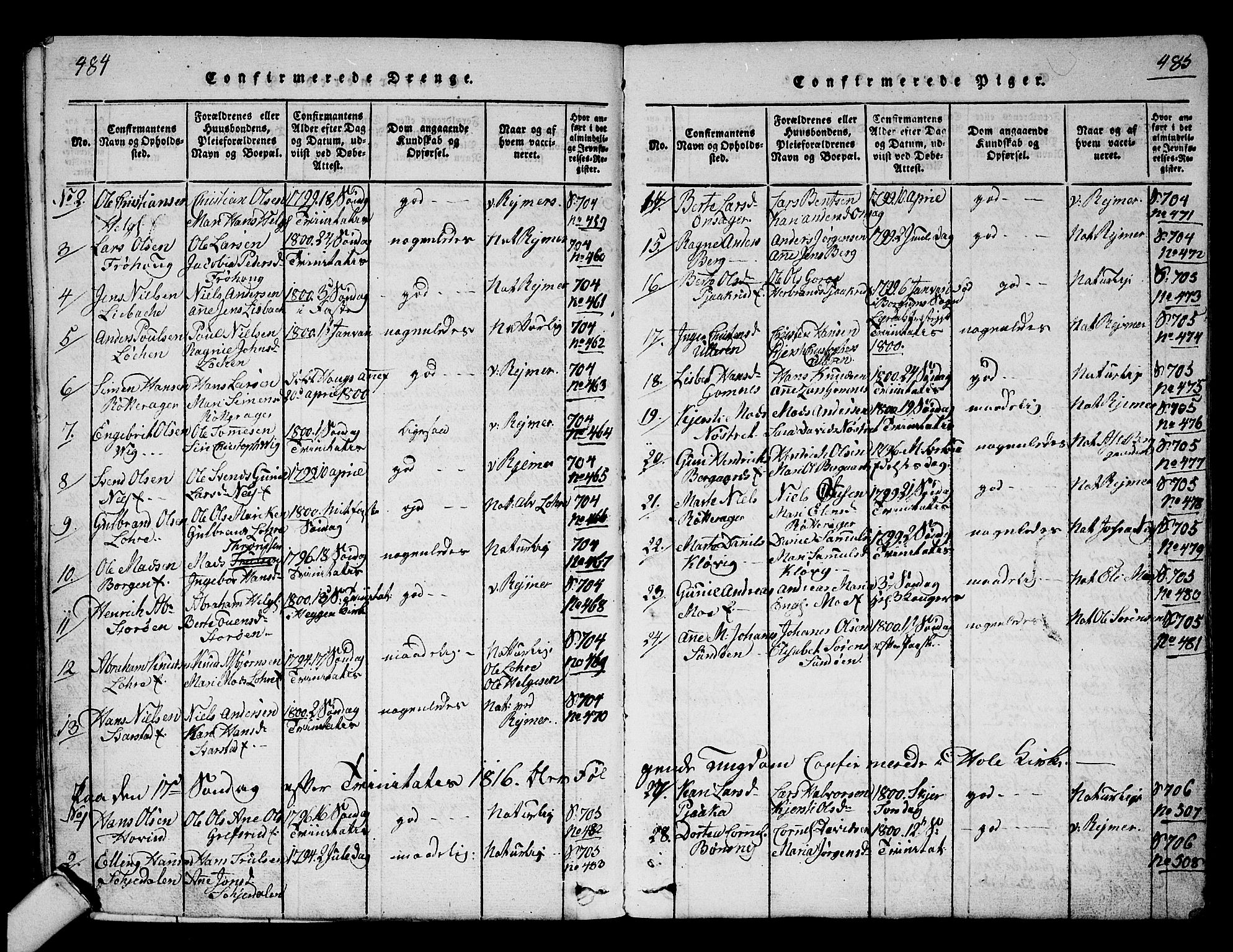 Hole kirkebøker, SAKO/A-228/F/Fa/L0004: Parish register (official) no. I 4, 1814-1833, p. 484-485