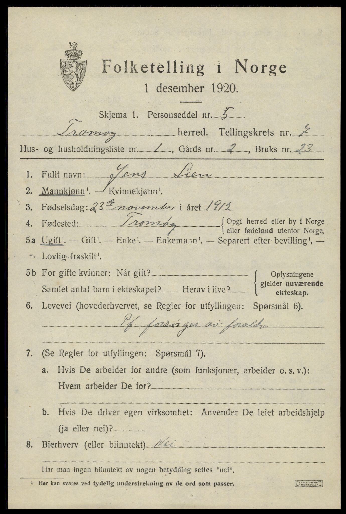 SAK, 1920 census for Tromøy, 1920, p. 4971