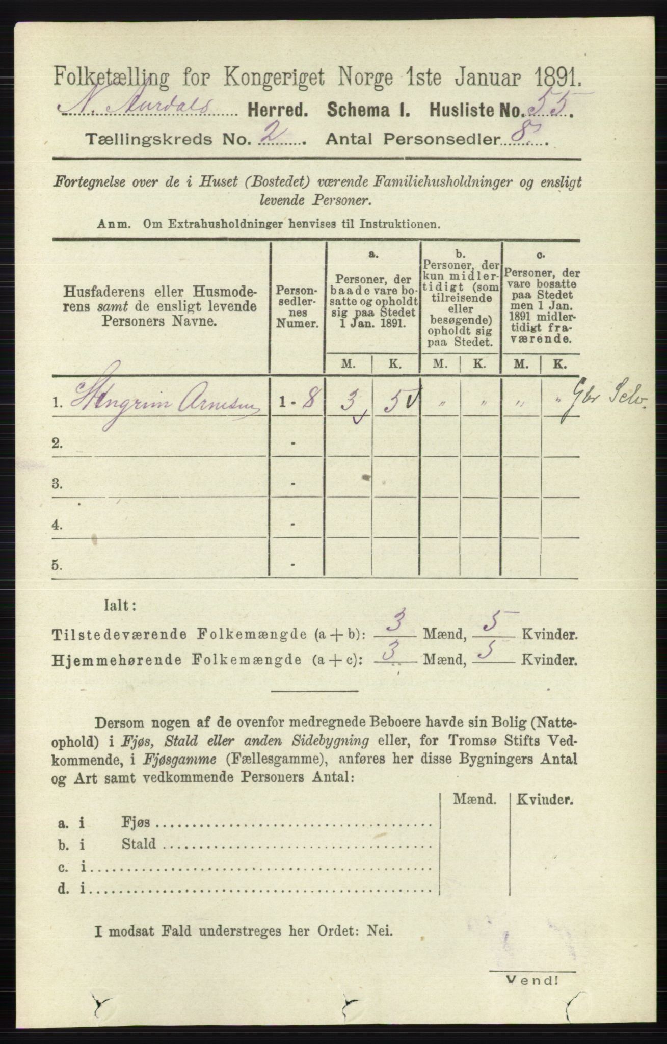 RA, 1891 census for 0542 Nord-Aurdal, 1891, p. 586