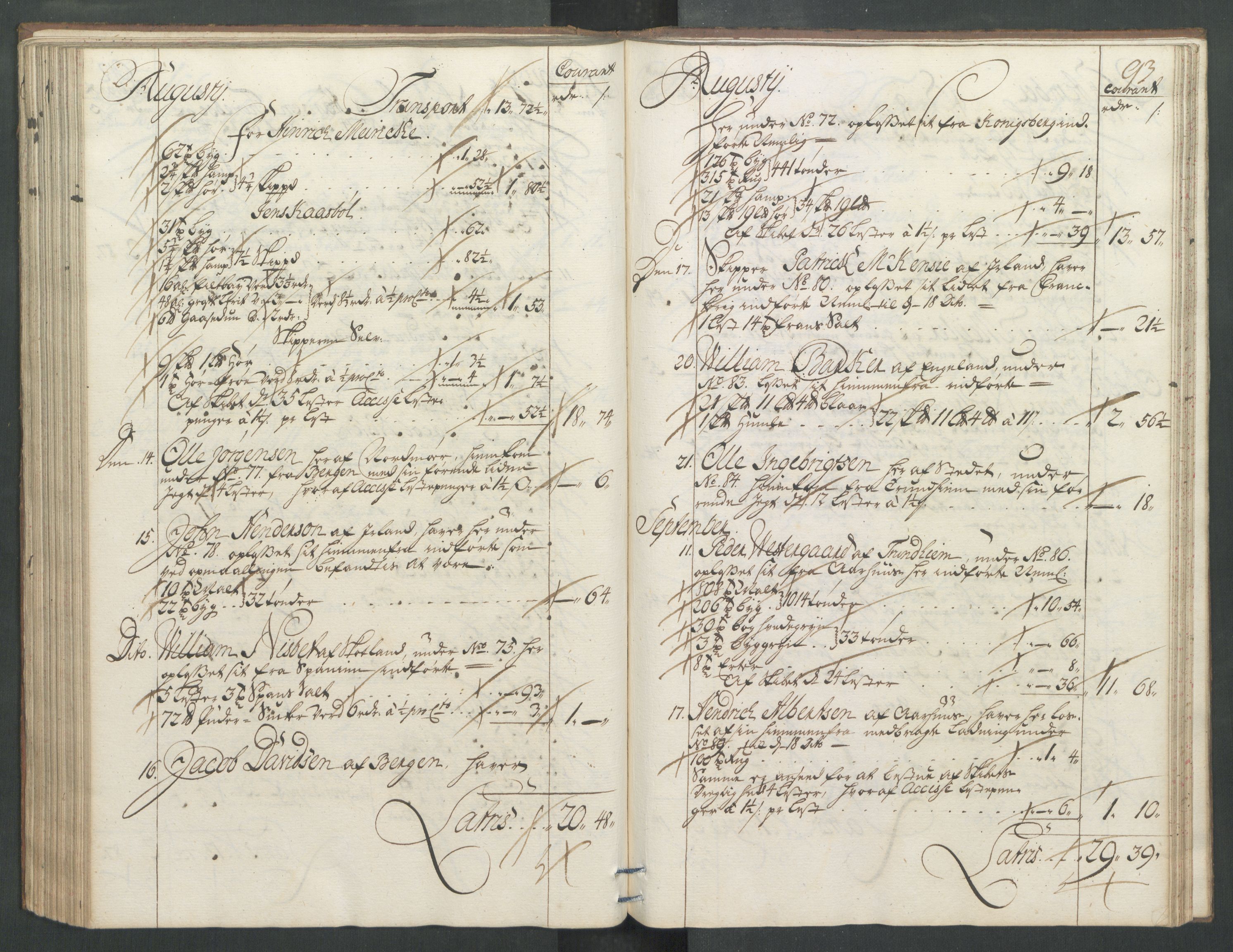Generaltollkammeret, tollregnskaper, RA/EA-5490/R32/L0004/0001: Tollregnskaper Kristiansund / Hovedtollbok, 1731, p. 92b-93a