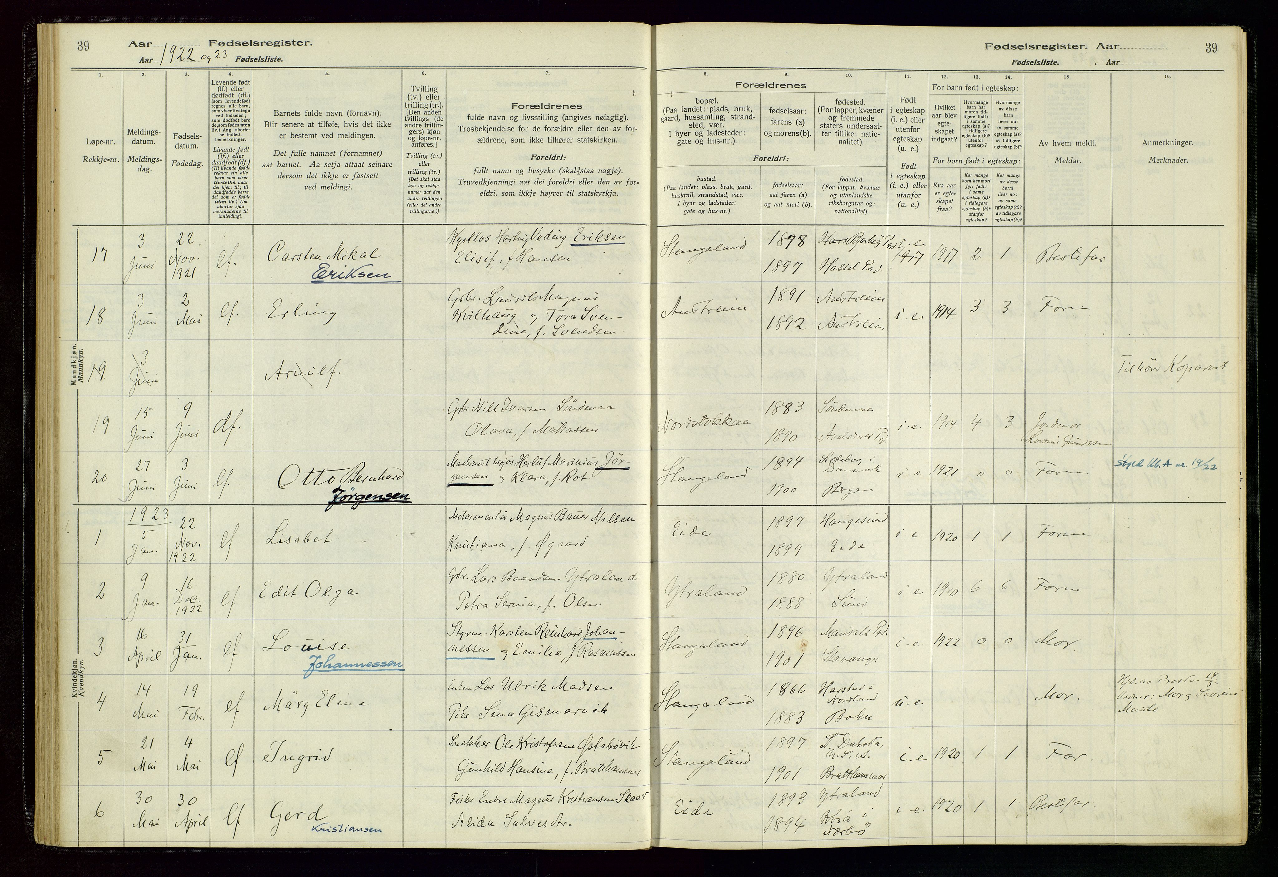 Kopervik sokneprestkontor, SAST/A-101850/I/Id/L0004: Birth register no. 4, 1916-1958, p. 39