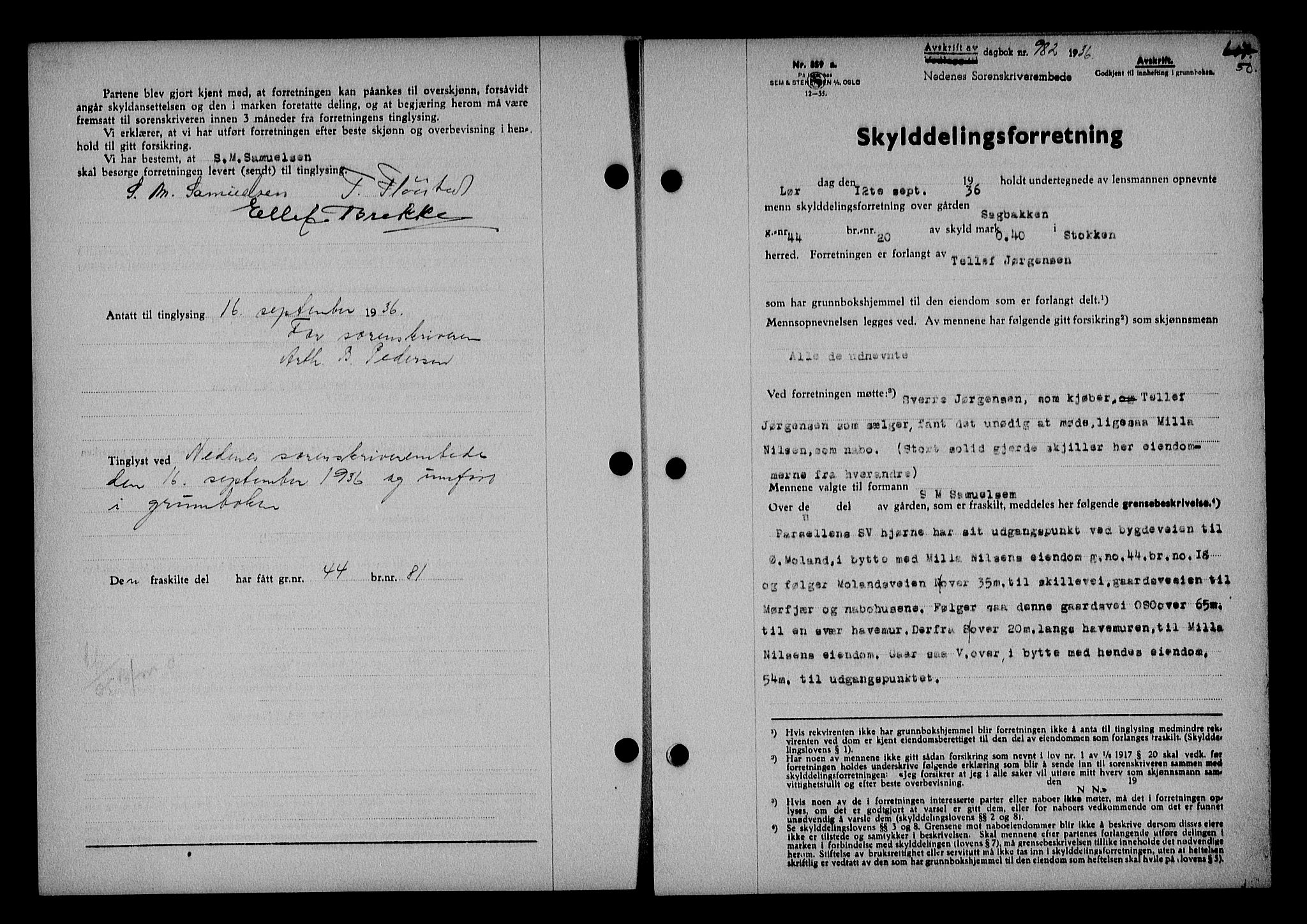 Nedenes sorenskriveri, SAK/1221-0006/G/Gb/Gba/L0043: Mortgage book no. 39, 1936-1937, Diary no: : 982/1936