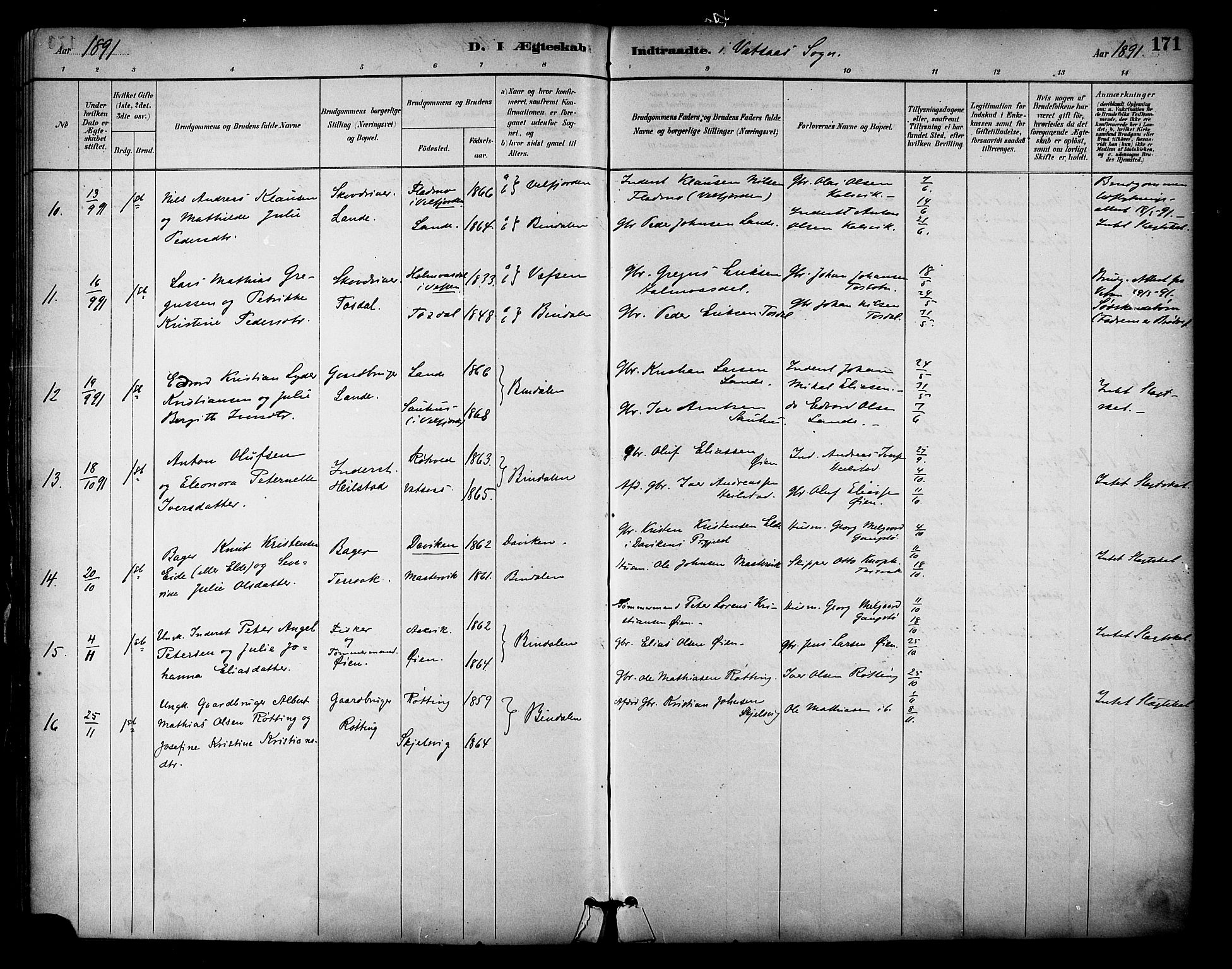 Ministerialprotokoller, klokkerbøker og fødselsregistre - Nordland, AV/SAT-A-1459/810/L0150: Parish register (official) no. 810A10 /1, 1884-1895, p. 171