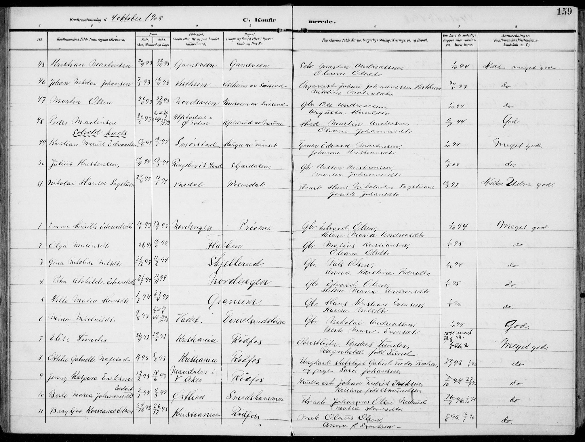 Vestre Toten prestekontor, AV/SAH-PREST-108/H/Ha/Haa/L0014: Parish register (official) no. 14, 1907-1920, p. 159