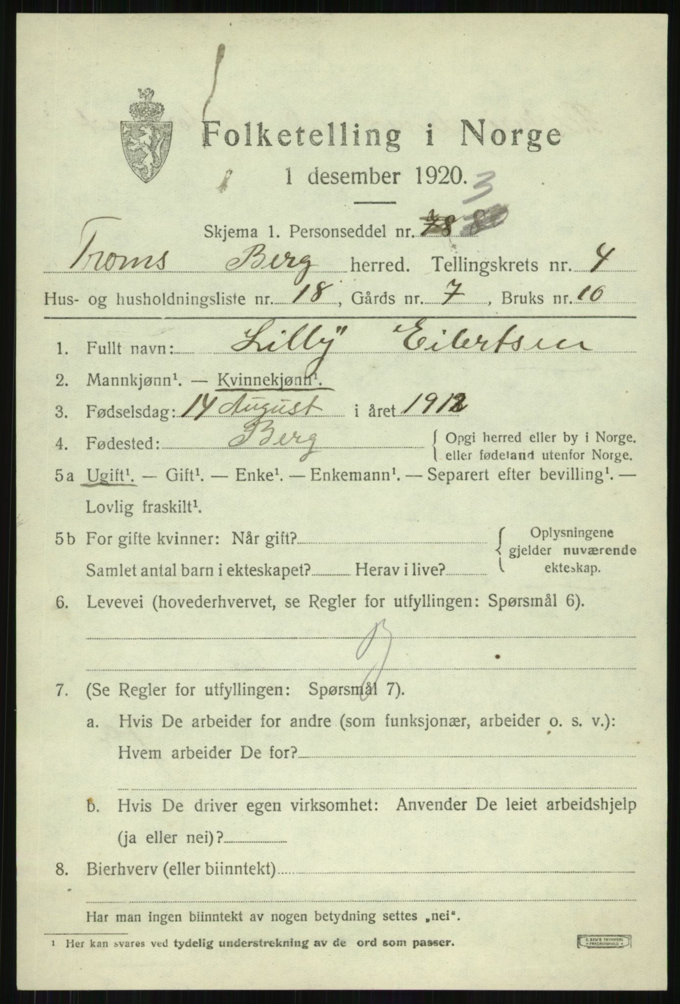 SATØ, 1920 census for Berg, 1920, p. 1694